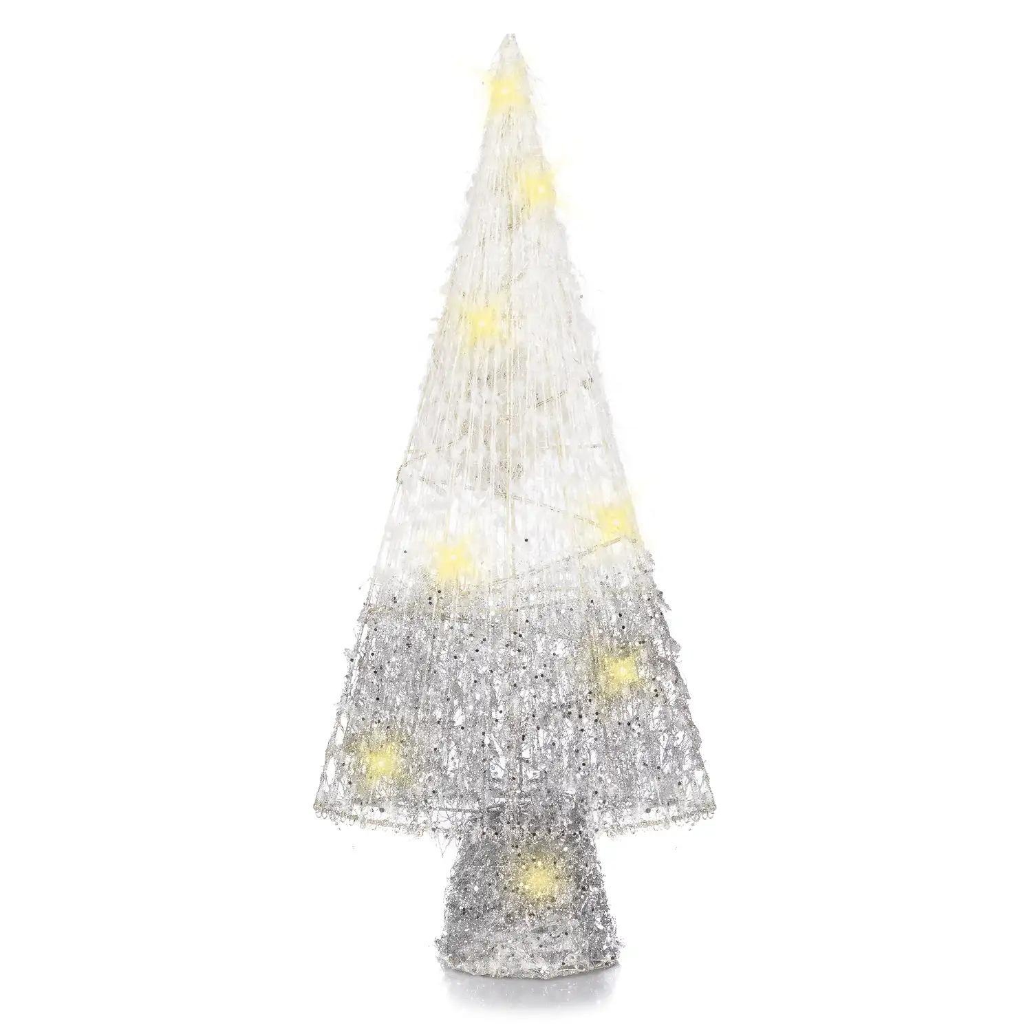 Árbol de navidad con glitter y luces LED nevado.