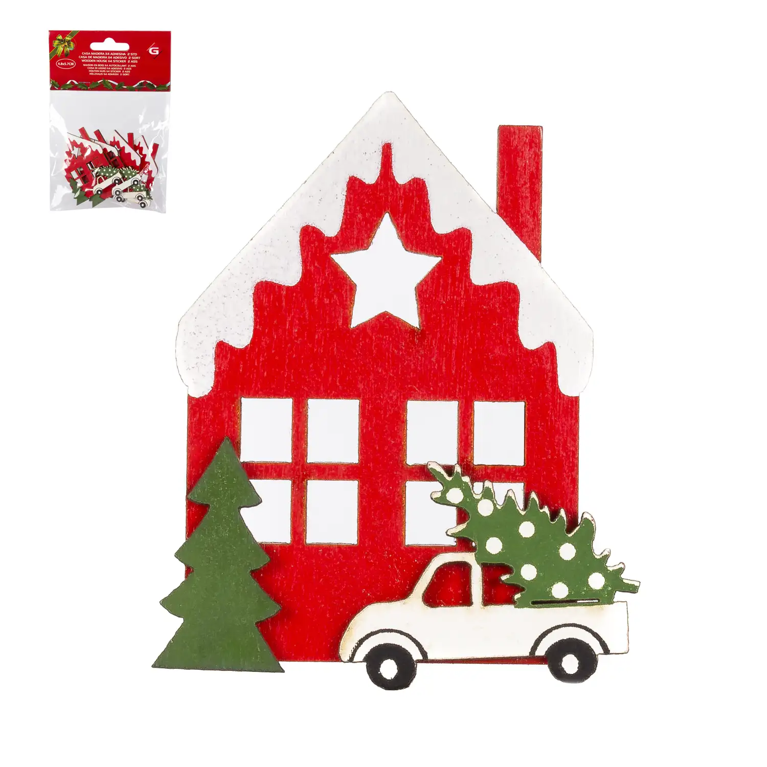 Pack de 4 casitas de madera navideñas adhesivas.