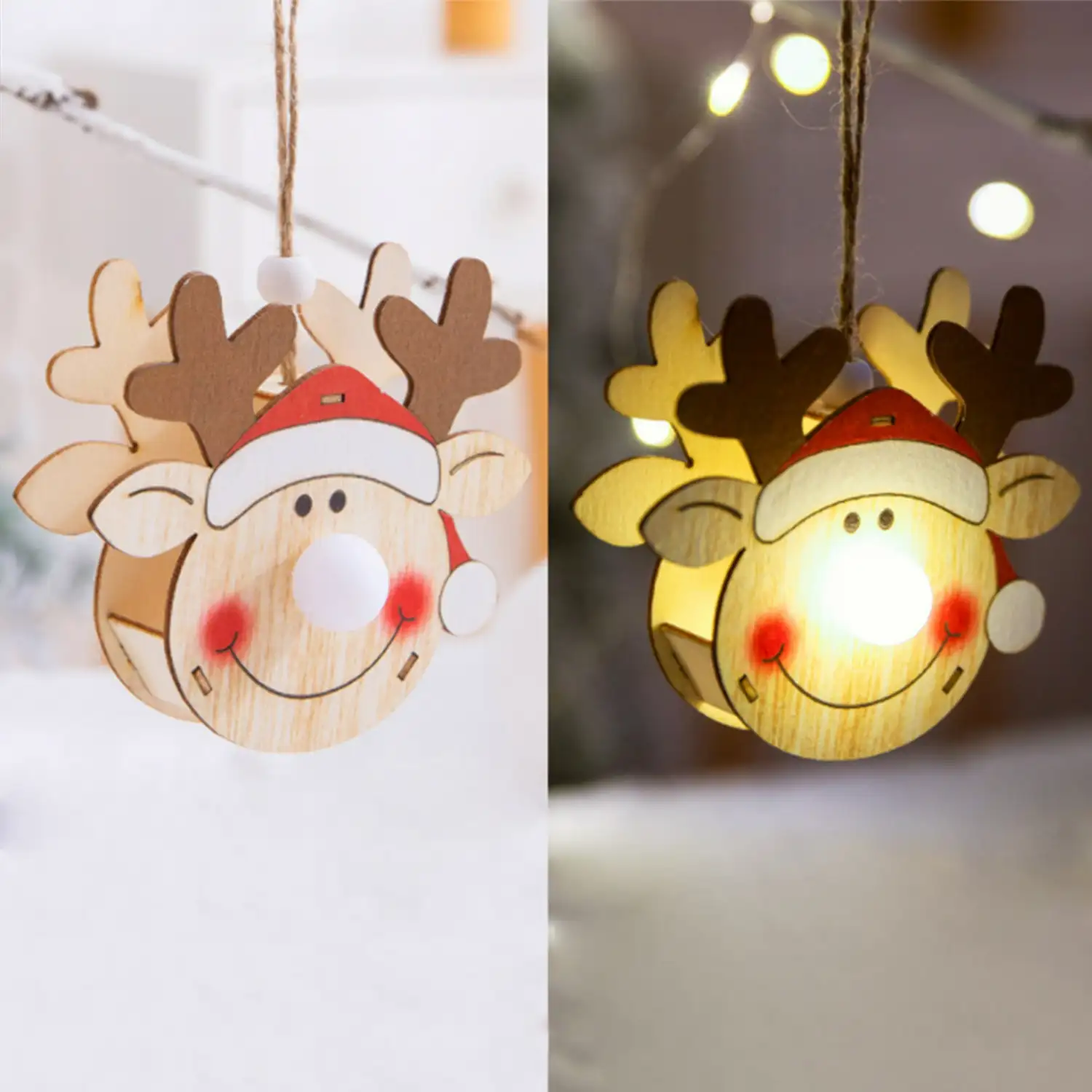 Colgante madera decoración Navidad iluminados LED- Cara Reno