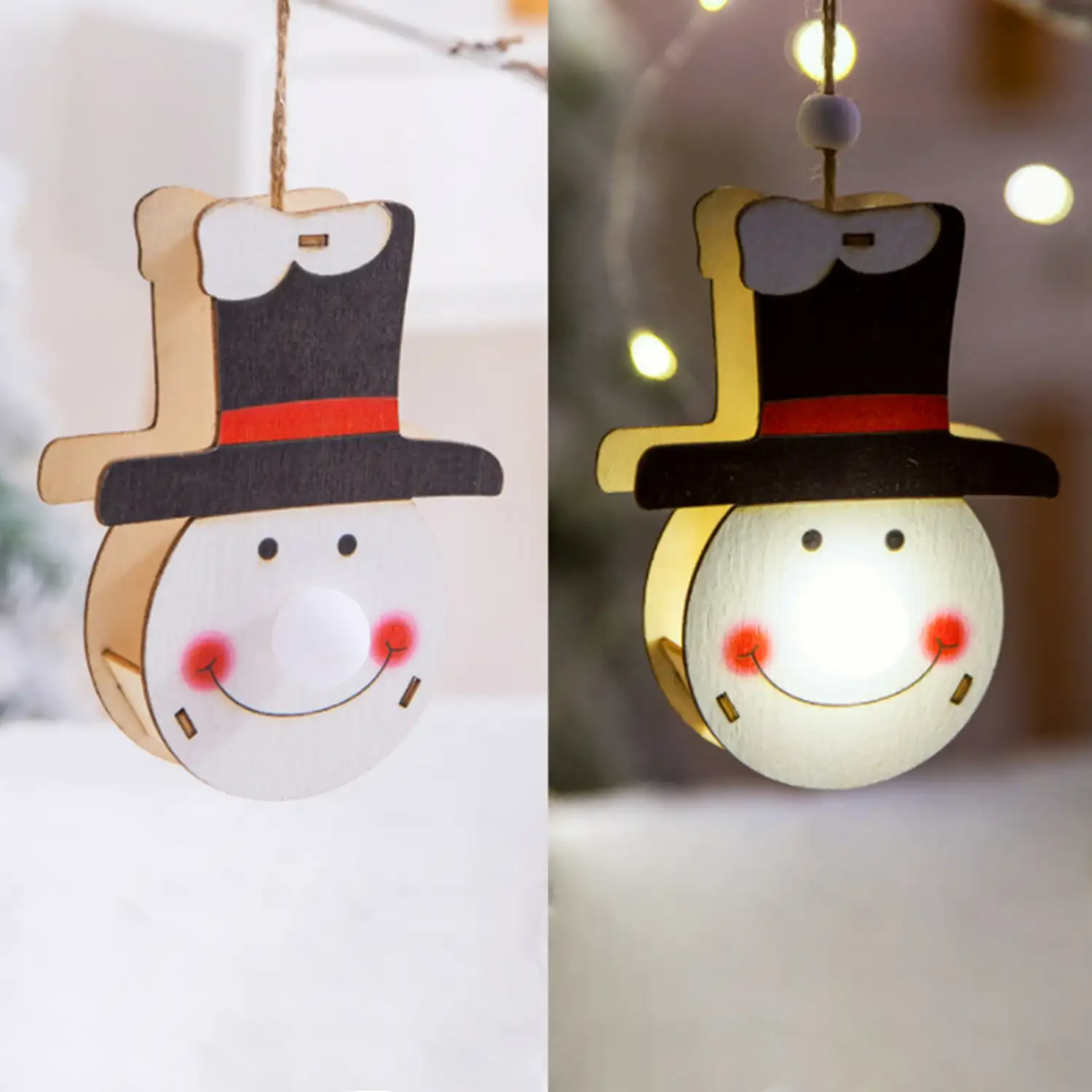 Colgante madera decoración Navidad iluminados LED- Cara Muñeco de Nieve