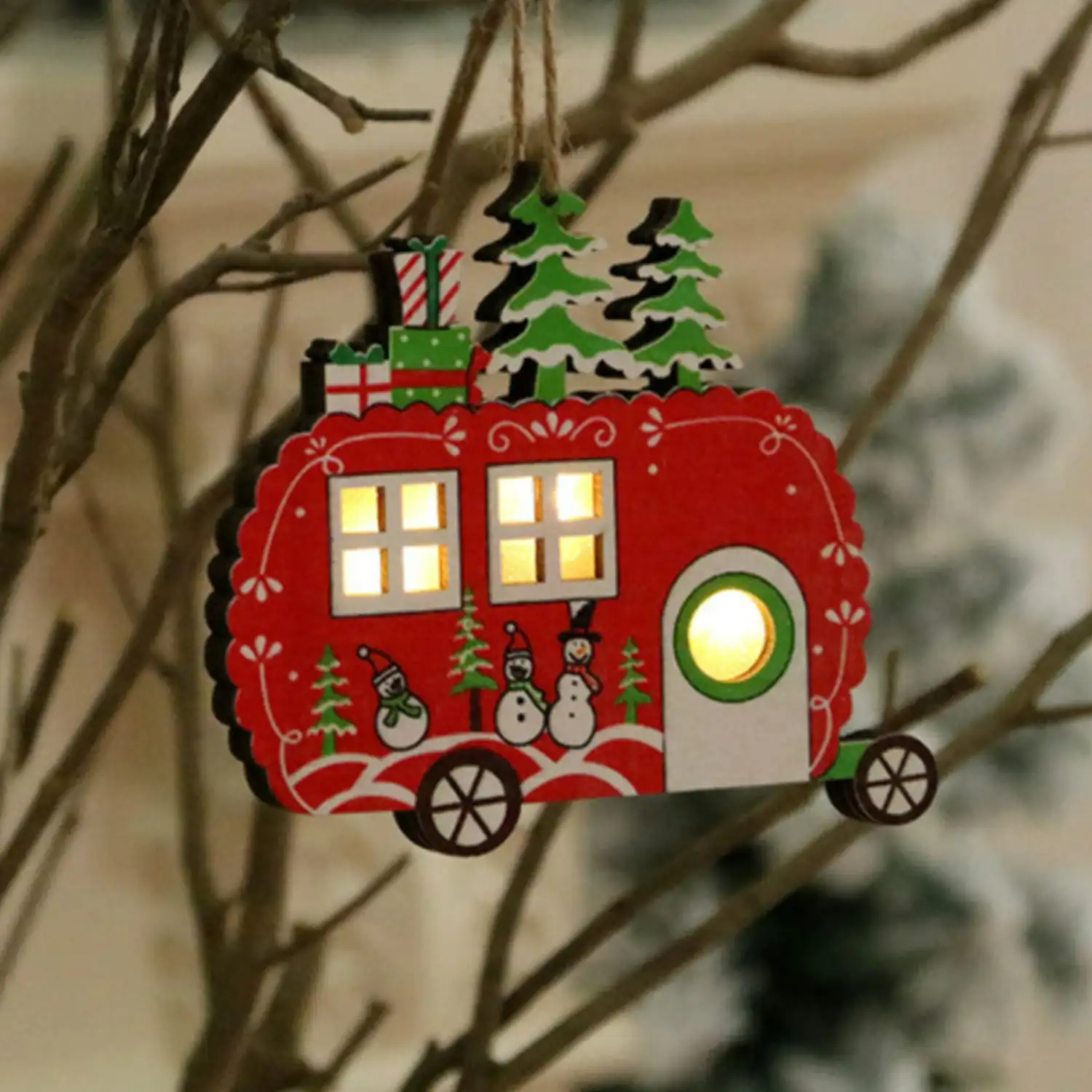 Colgante madera decoración Navidad iluminados LED- Paisaje Caravana