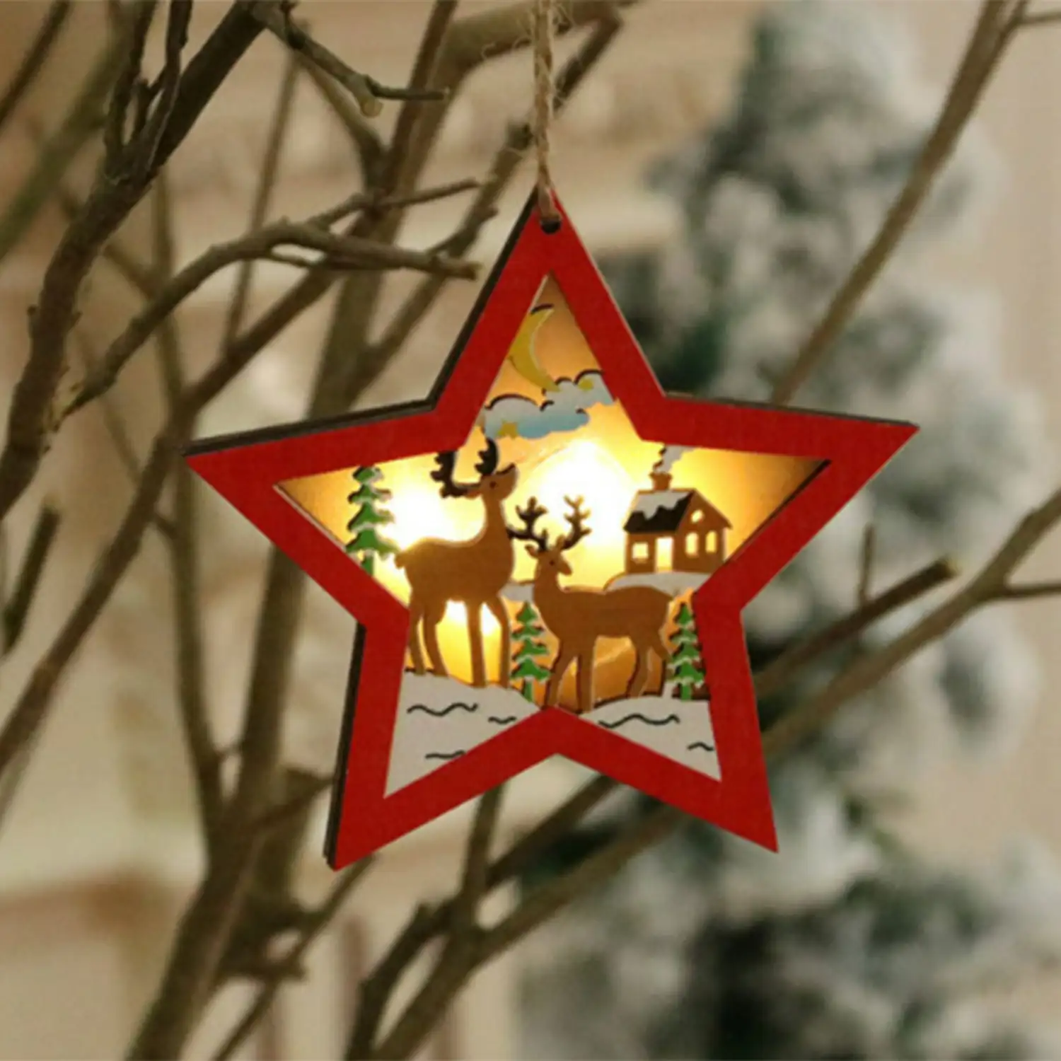 Colgante madera decoración Navidad iluminados LED- Estrella
