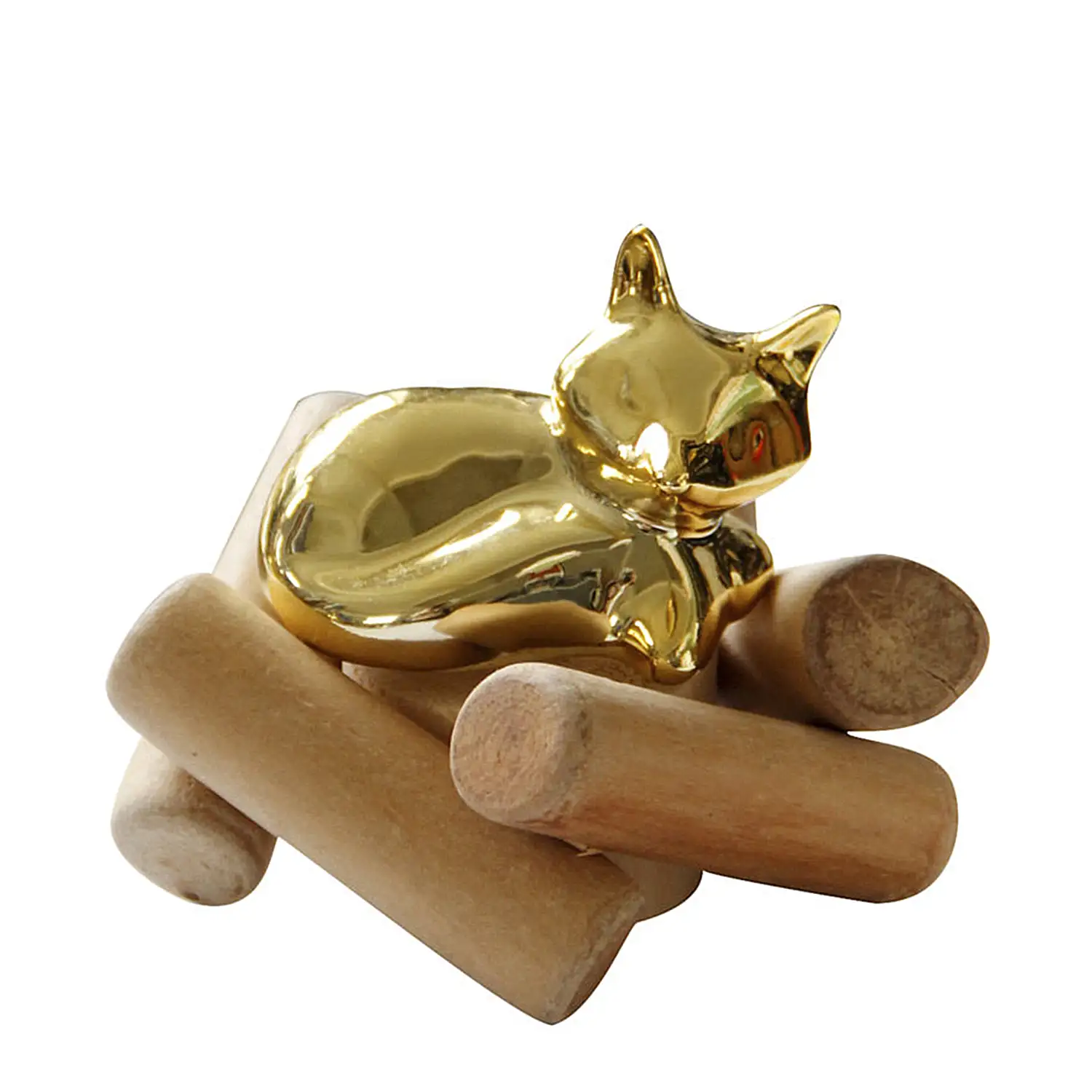 Figura Decorativa Cerámica Porcelana y madera zorro dormido