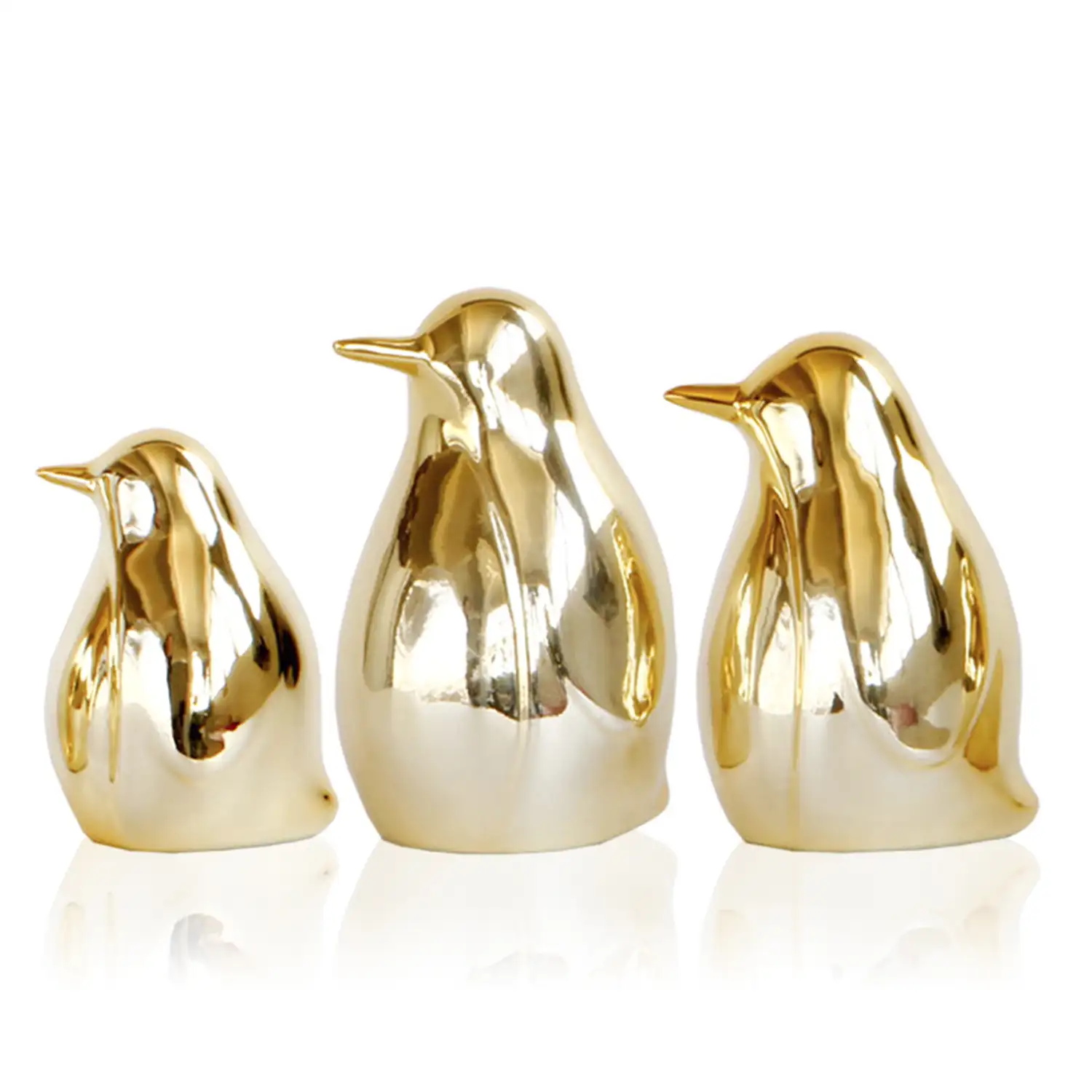 Set de 3 Piezas Figuras Decorativas de Porcelana Dorada Pinguinos