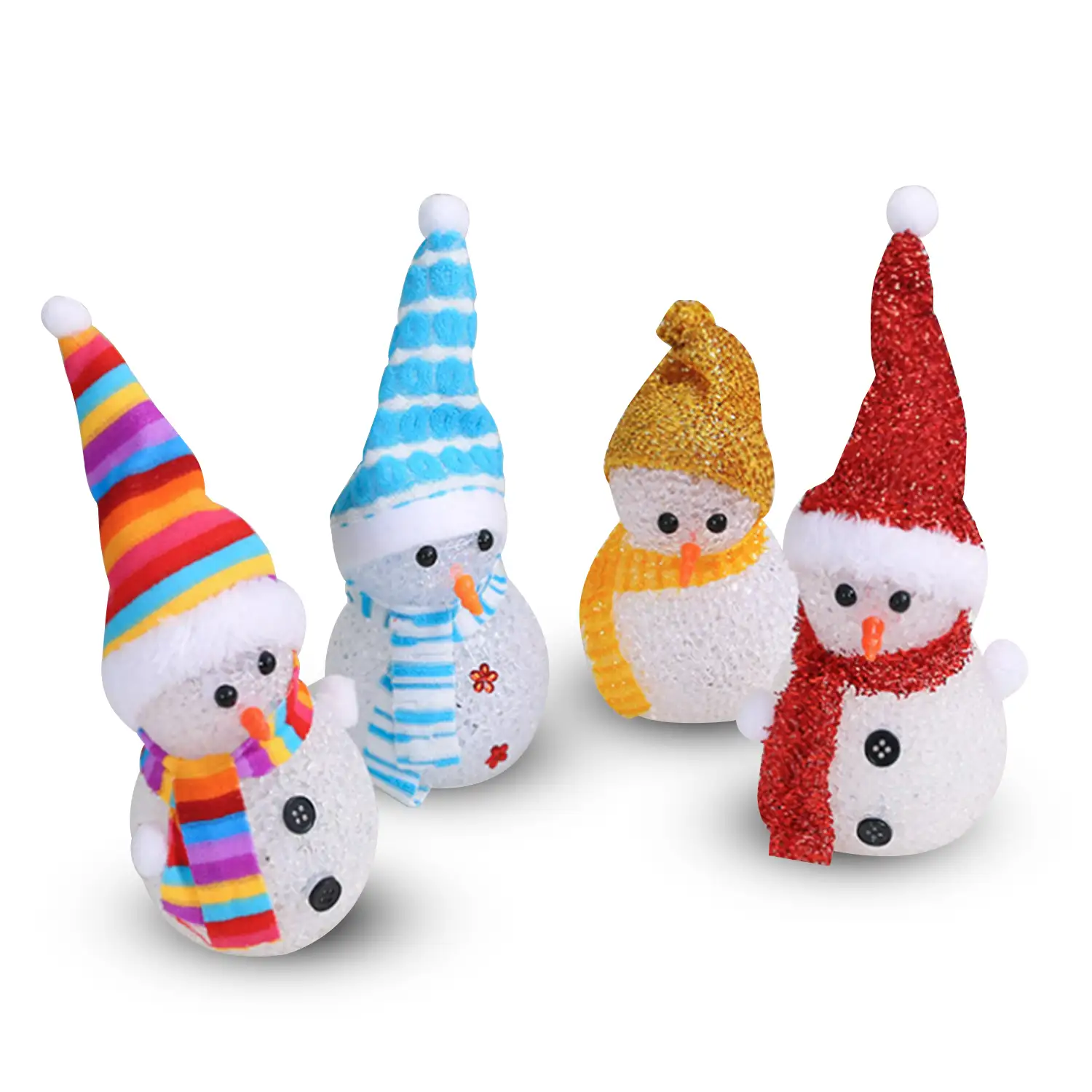 Conjunto de cuatro colgantes diseño muñeco de nieve con luces LED multicolor. Diseño aleatorio.