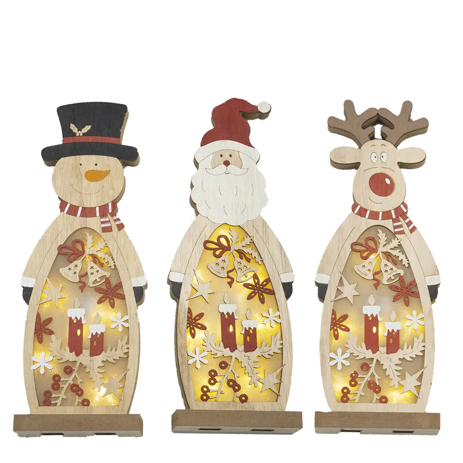 Figura decorativa navideña de madera con luz LED. Diseño aleatorio Papá Noel, reno o muñeco de nieve.