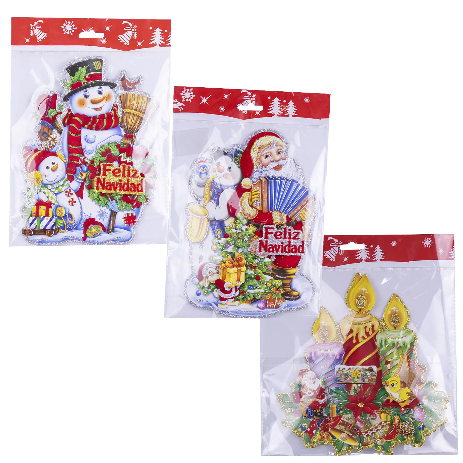 Pack de 3 unidades decoración navideña con efecto 3D, purpurina y fieltro suave.