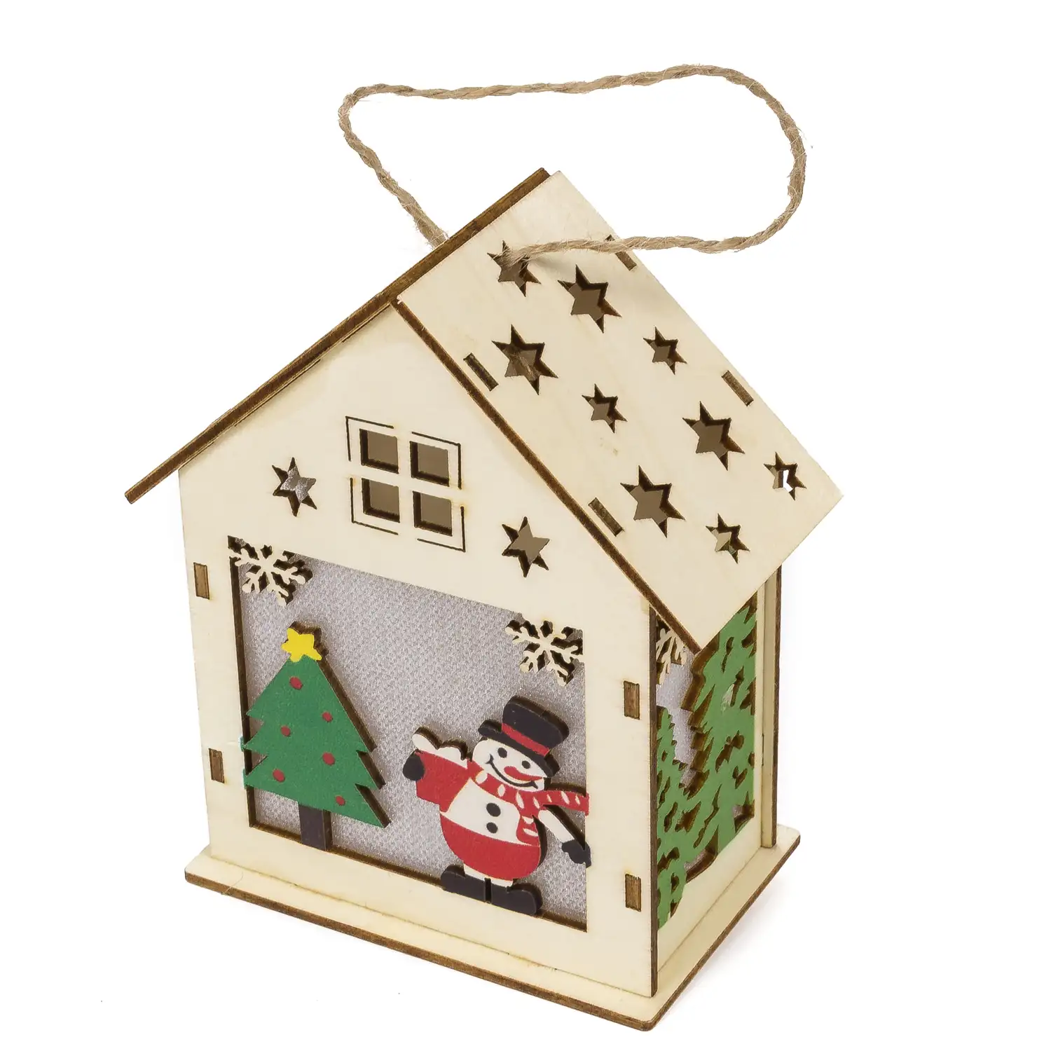 Colgante de casa de madera con LED diseño muñeco de nieve y arbol de navidad.