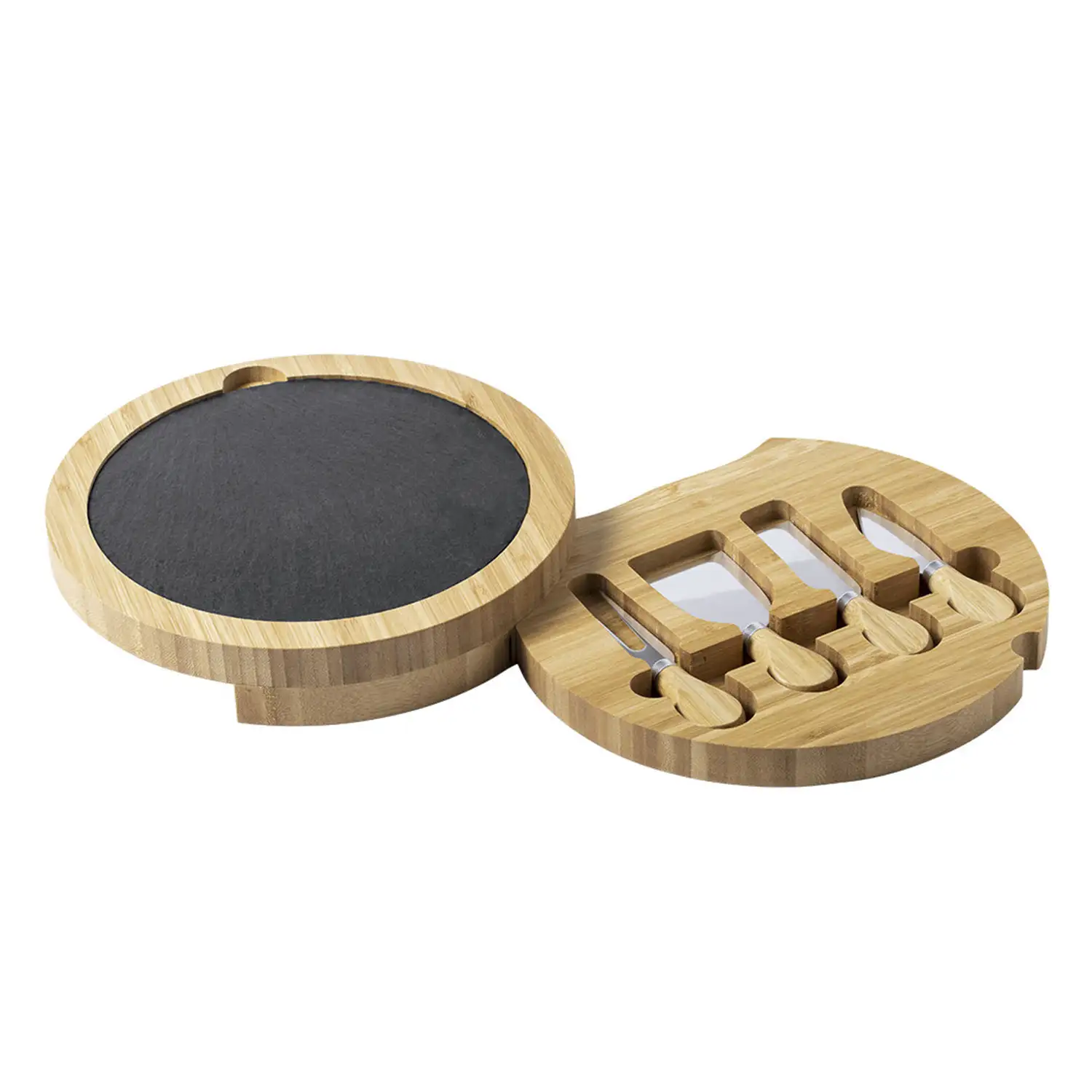 Set de quesos Pomel de 5 piezas. Tabla de pizarra y bambú.