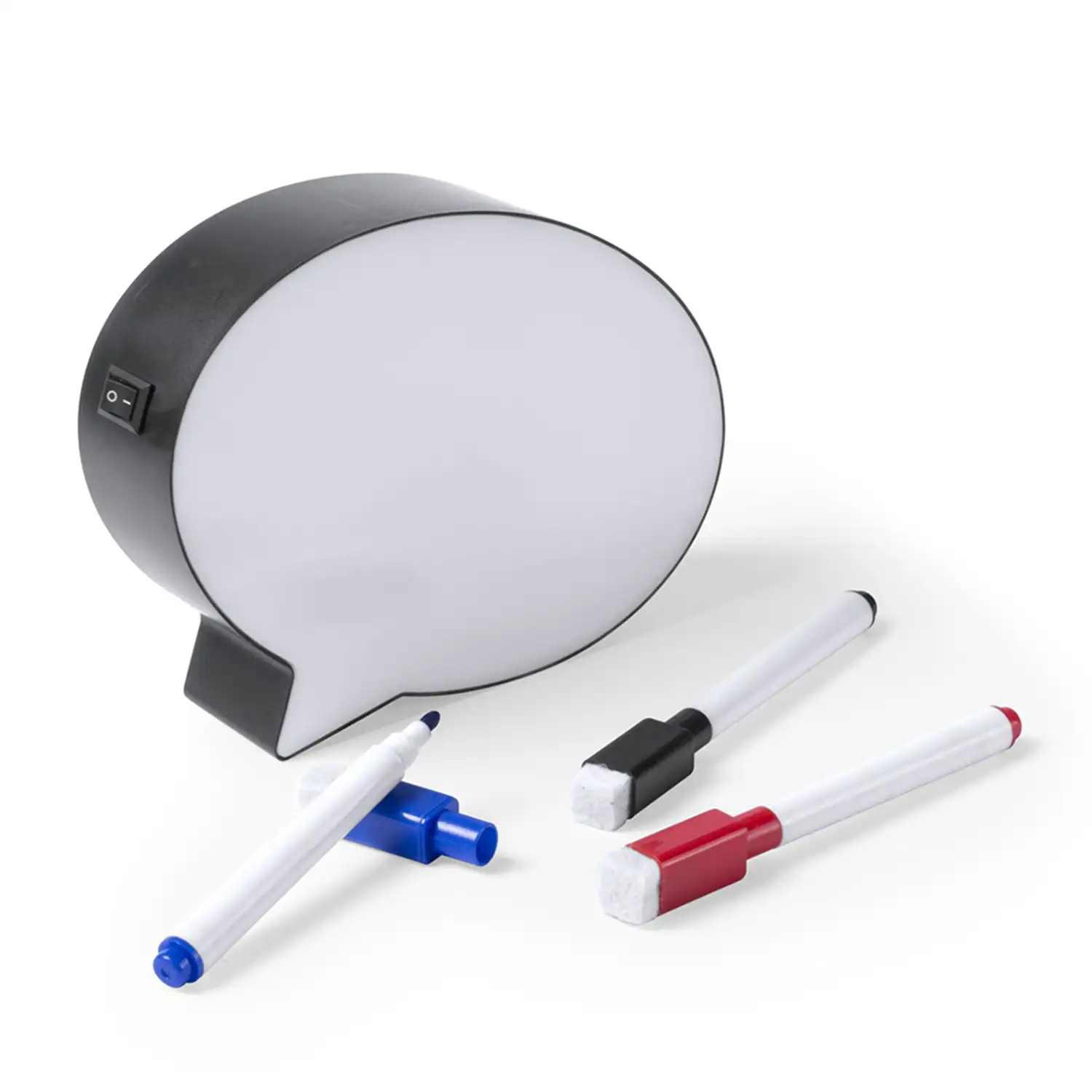 Nathan, pizarra bocadillo con interior iluminado por LEDS. Tres rotuladores con borrador en colores azul, negro y rojo incluidos.