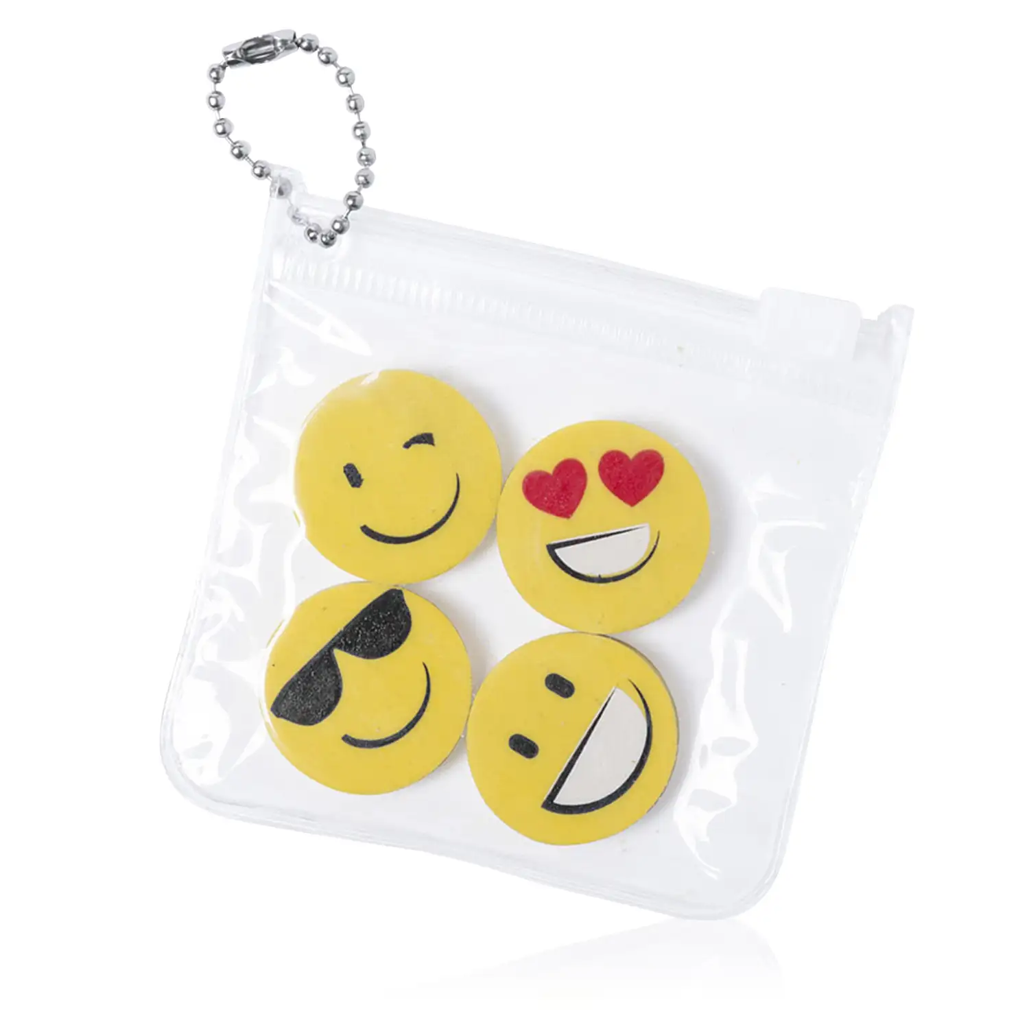 Mateky, set de 4 gomas diseños emoji con estuche con cierre zippery cadenita de transporte.