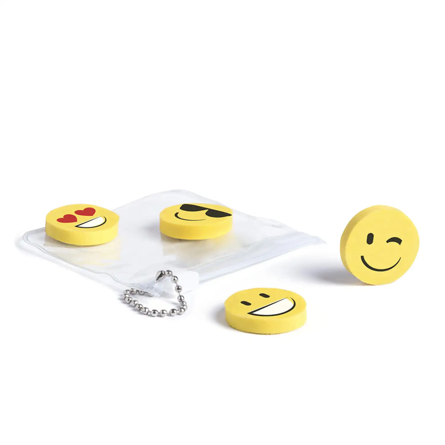 Mateky, set de 4 gomas diseños emoji con estuche con cierre zippery cadenita de transporte.