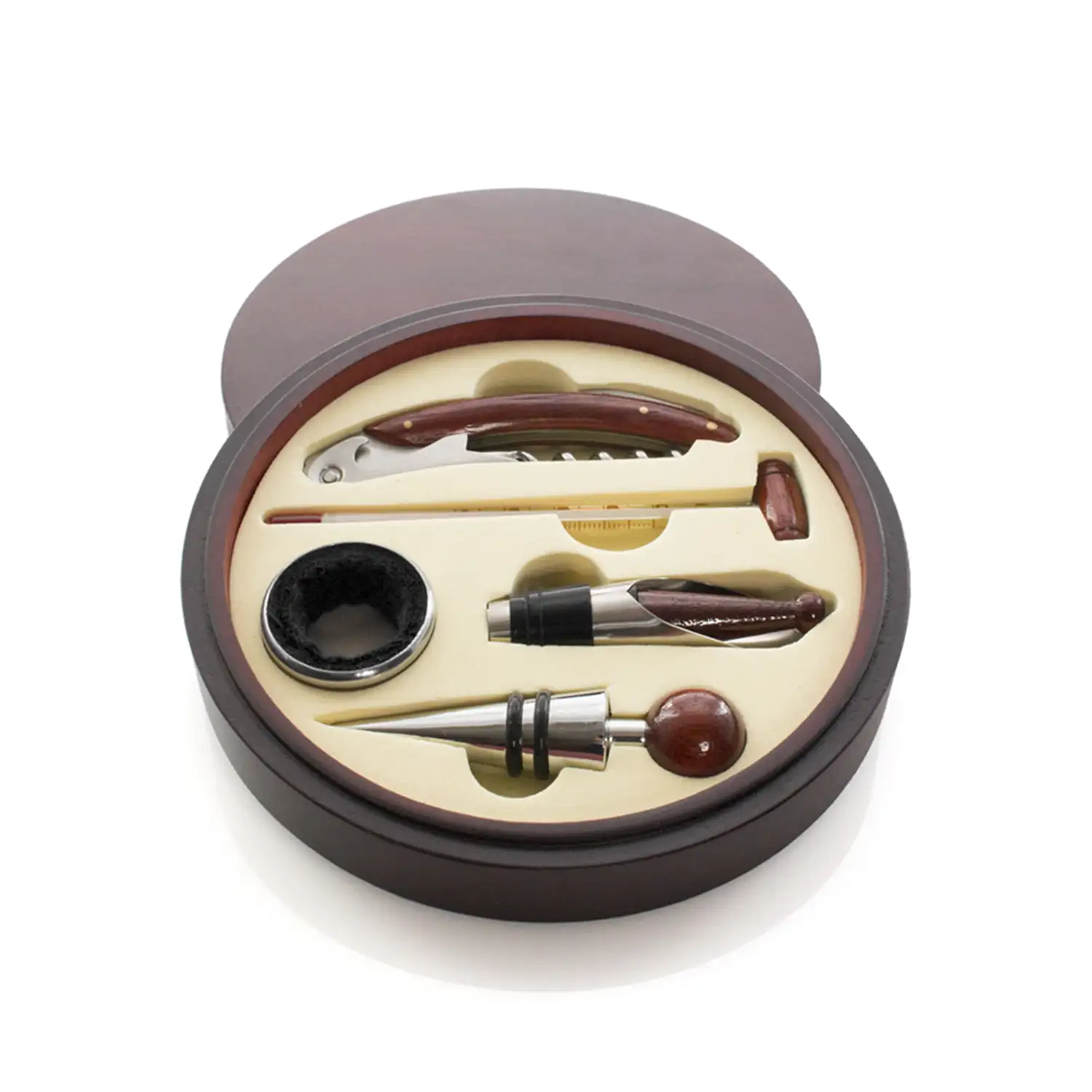 Baco, set de vinos acabado en madera natural. Accesorios de acero inoxidable y madera.