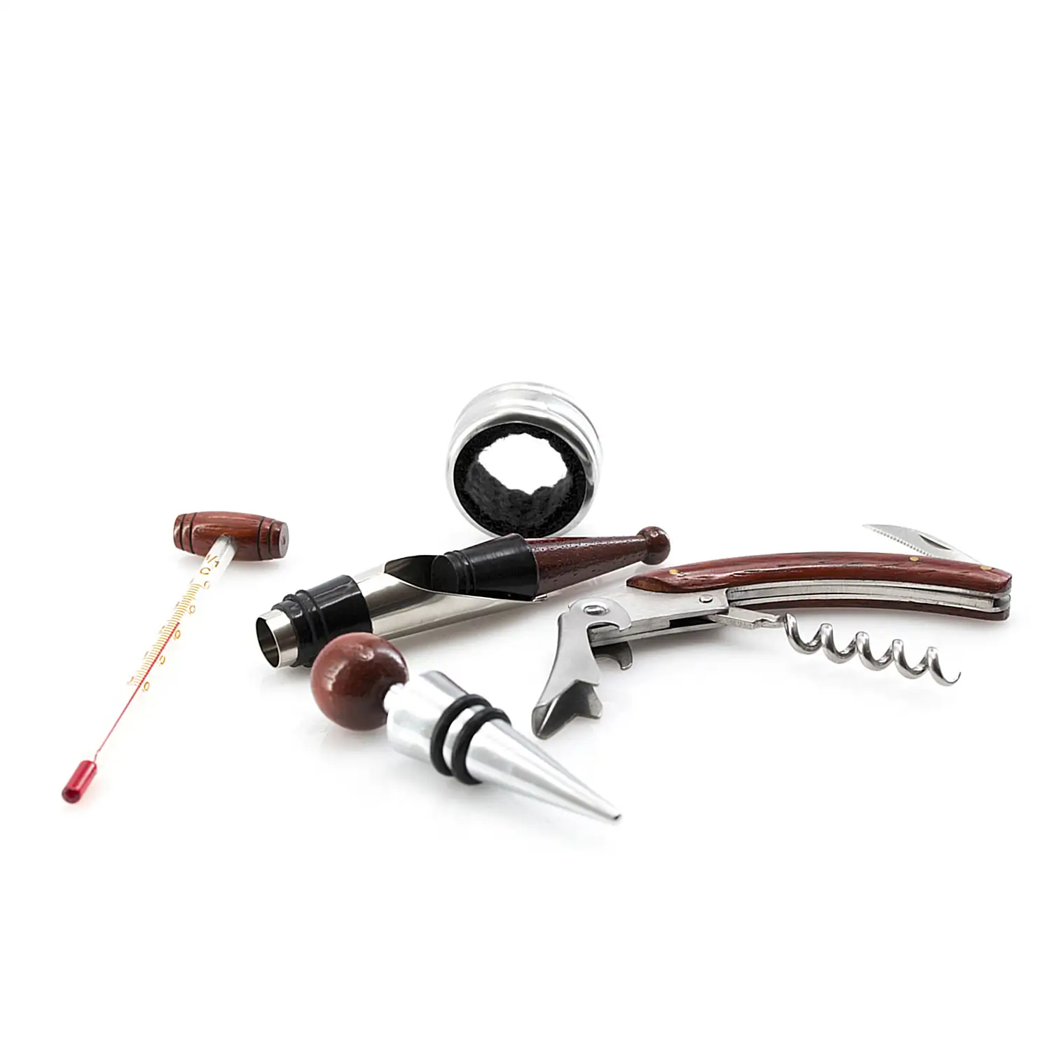 Baco, set de vinos acabado en madera natural. Accesorios de acero inoxidable y madera.