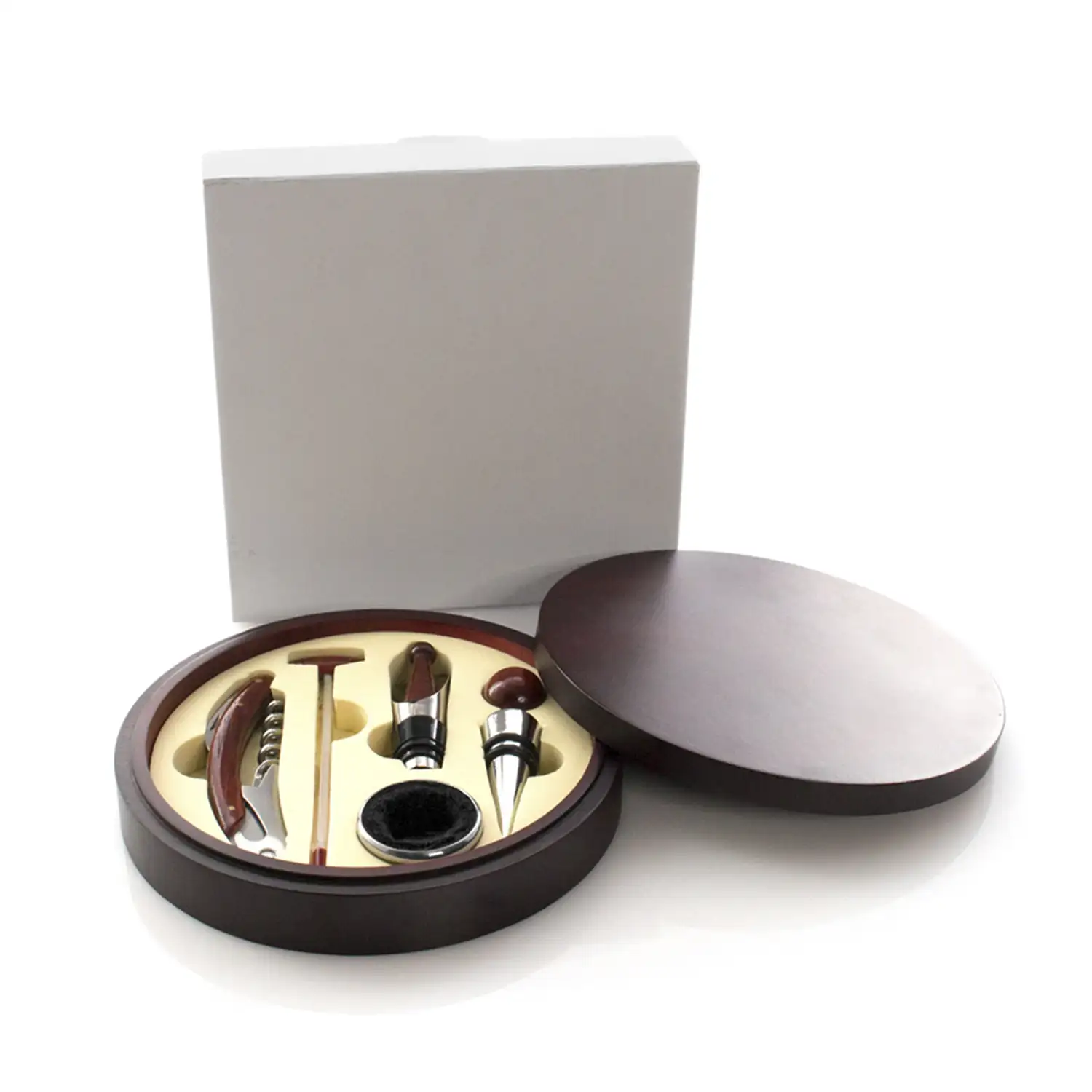 Baco, set de vinos acabado en madera natural. Accesorios de acero inoxidable y madera.