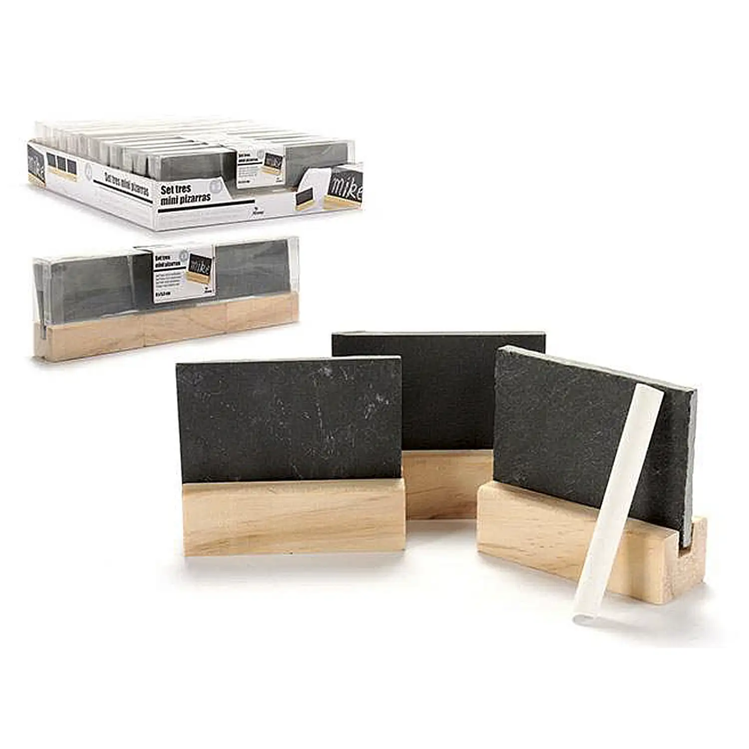 Set de 3 mini pizarras con soportes y tiza para escribir sus mensajes.