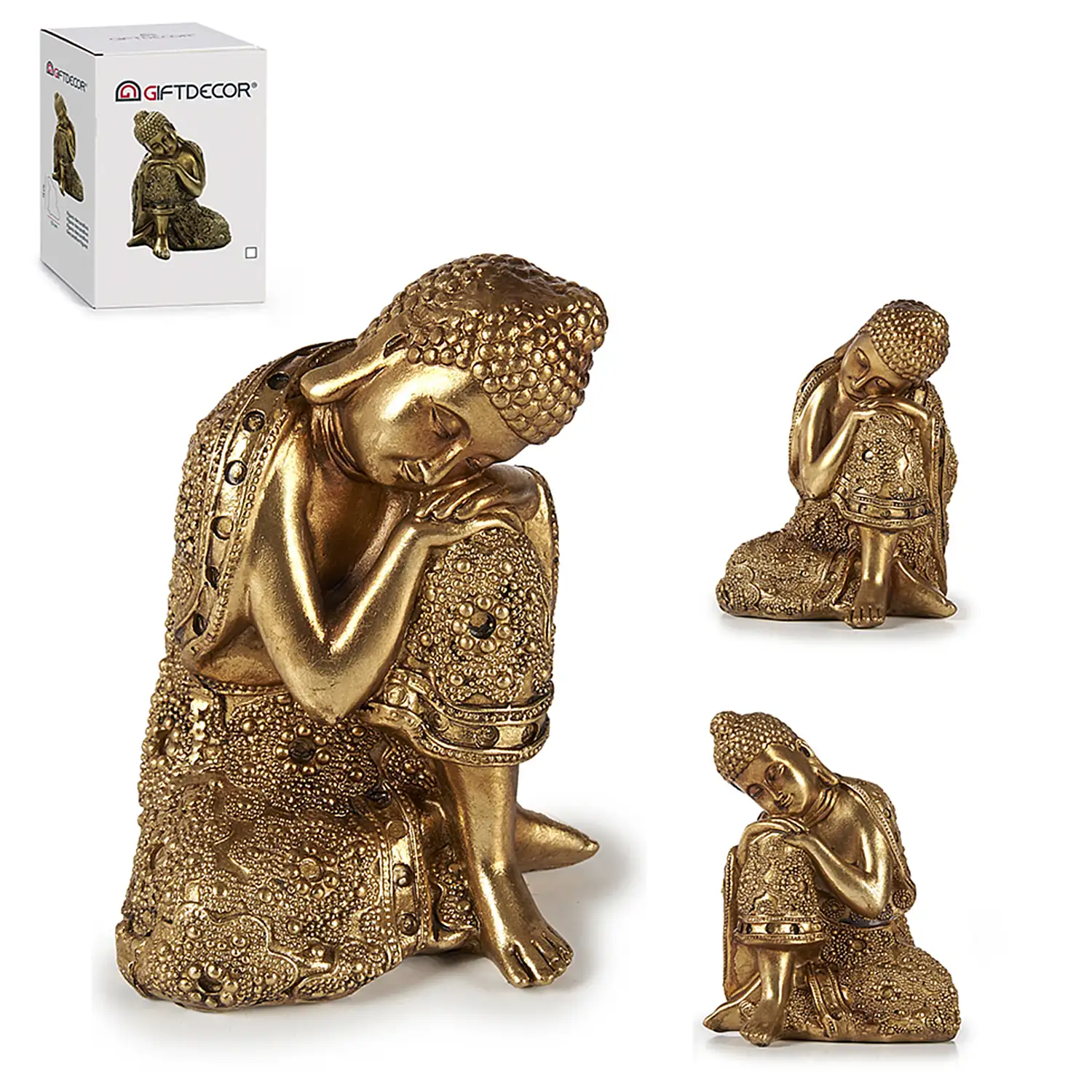 Buda sentado lateral, de resina dorado. 16.5cm