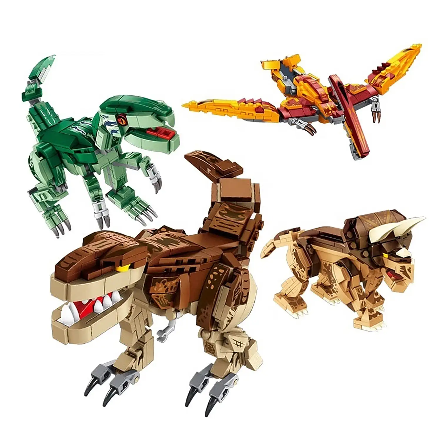 Pack de 4 Dinosaurios. Cada dinosaurio convertible en 3 formas (dinosaurio + robot + vehículo) 979 piezas.