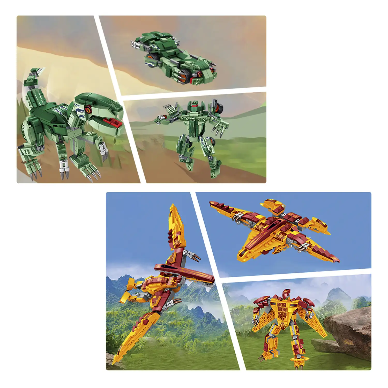 Pack de 4 Dinosaurios. Cada dinosaurio convertible en 3 formas (dinosaurio + robot + vehículo) 979 piezas.