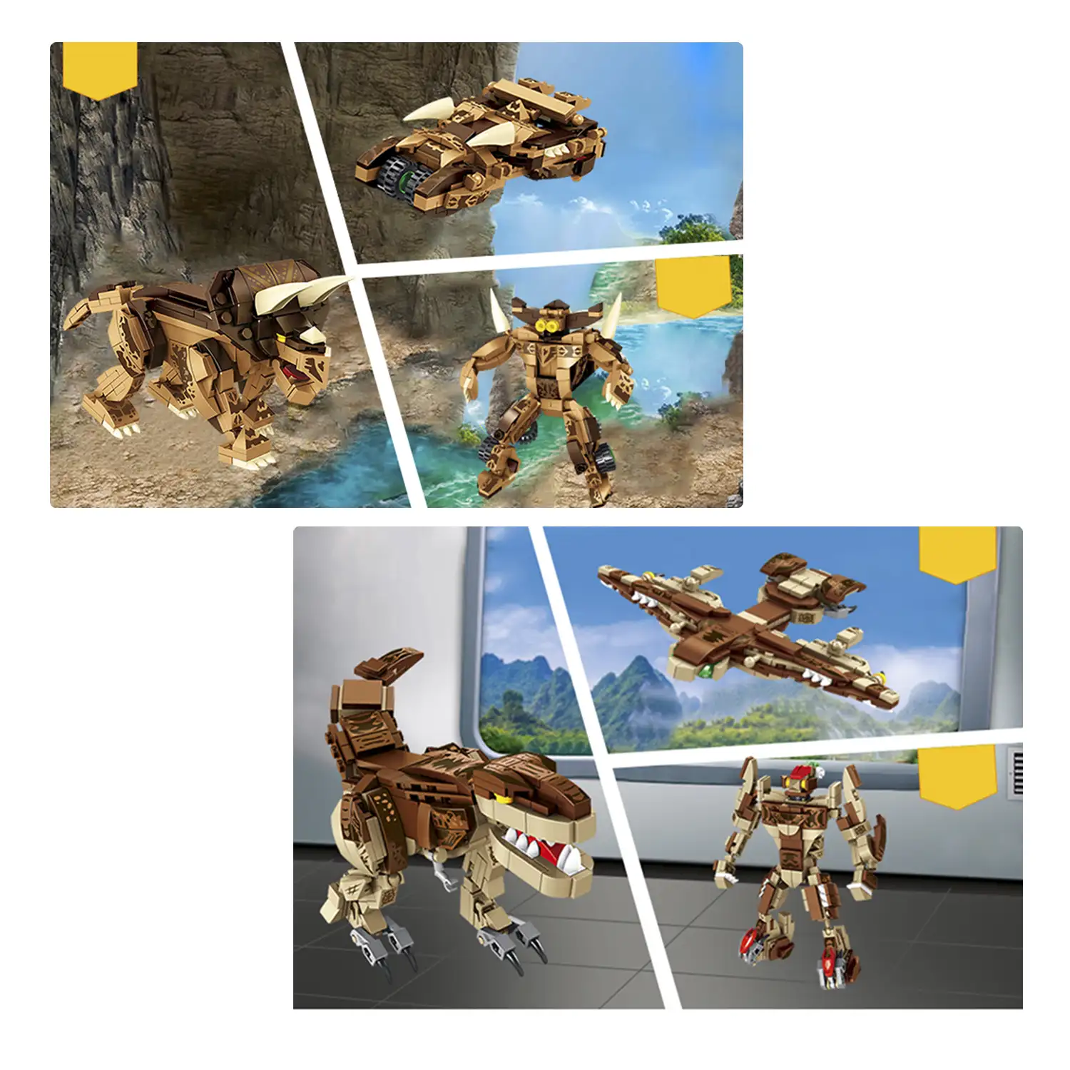 Pack de 4 Dinosaurios. Cada dinosaurio convertible en 3 formas (dinosaurio + robot + vehículo) 979 piezas.