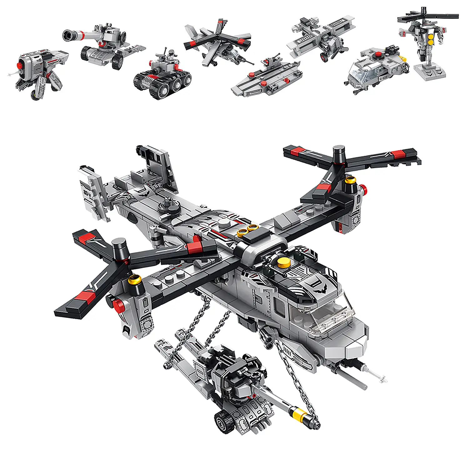 Helicóptero Transporter 8 en 1, con 703 piezas. Construye 8 modelos individuales con 3 formas cada uno.