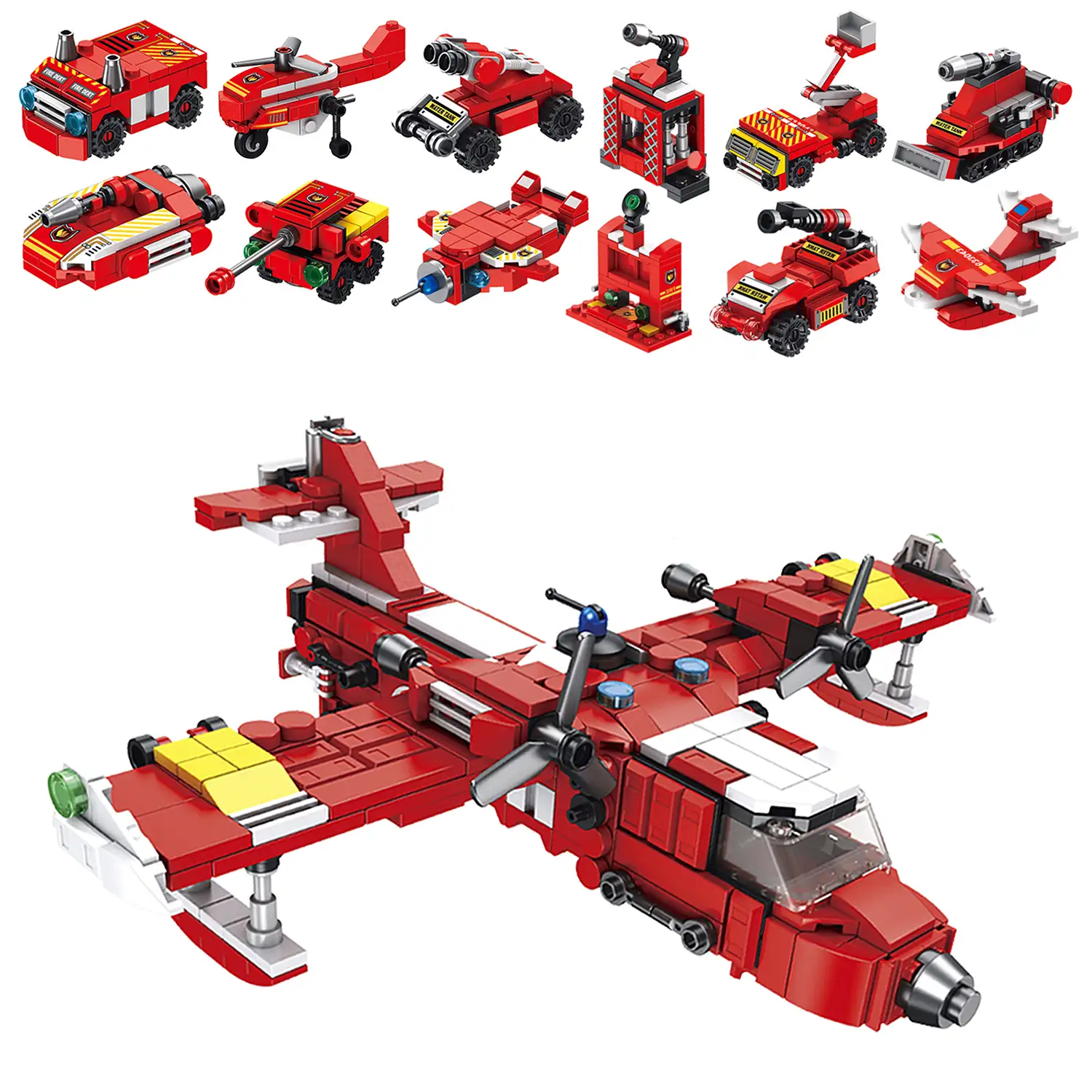 Avión de rescate de incendios 12 en 1, con 572 piezas. Construye 12 modelos individuales con 2 formas cada uno.