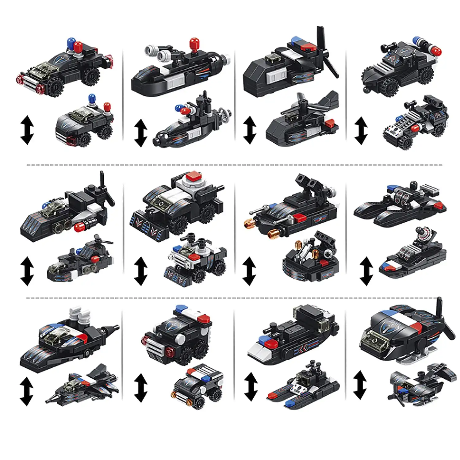 SWAT Mecha 12 en 1, con 600 piezas. Construye 12 modelos individuales con 2 formas cada uno.