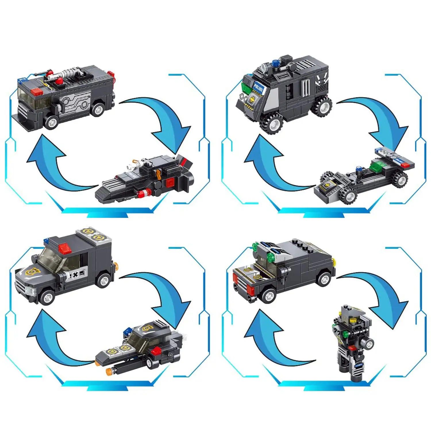 Robot de policía, 832 piezas. Construye 8 modelos individuales con 2 formas cada uno ó 2 vehículos medianos.