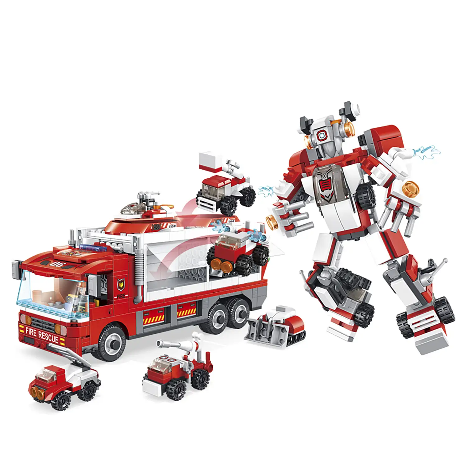 Camión de bomberos transformable en robot, 6 en 1, con 655 piezas. Construye 6 modelos individuales con 2 formas cada uno.
