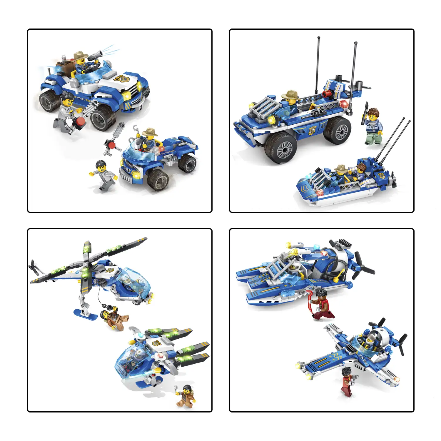 Set Policía 4 en 1, con 769 piezas. Construye 4 modelos individuales con 2 formas cada uno.