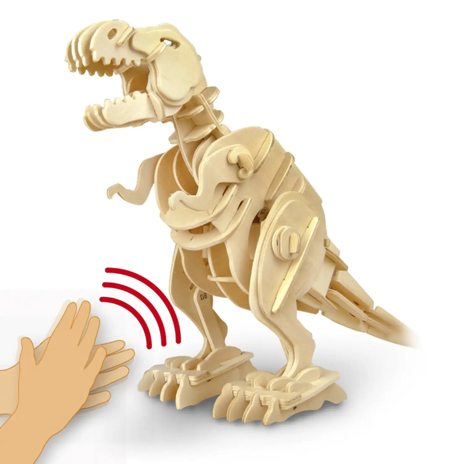 T-rex, mauqeta 3D de madera con movimiento, control por sonido, 85 piezas