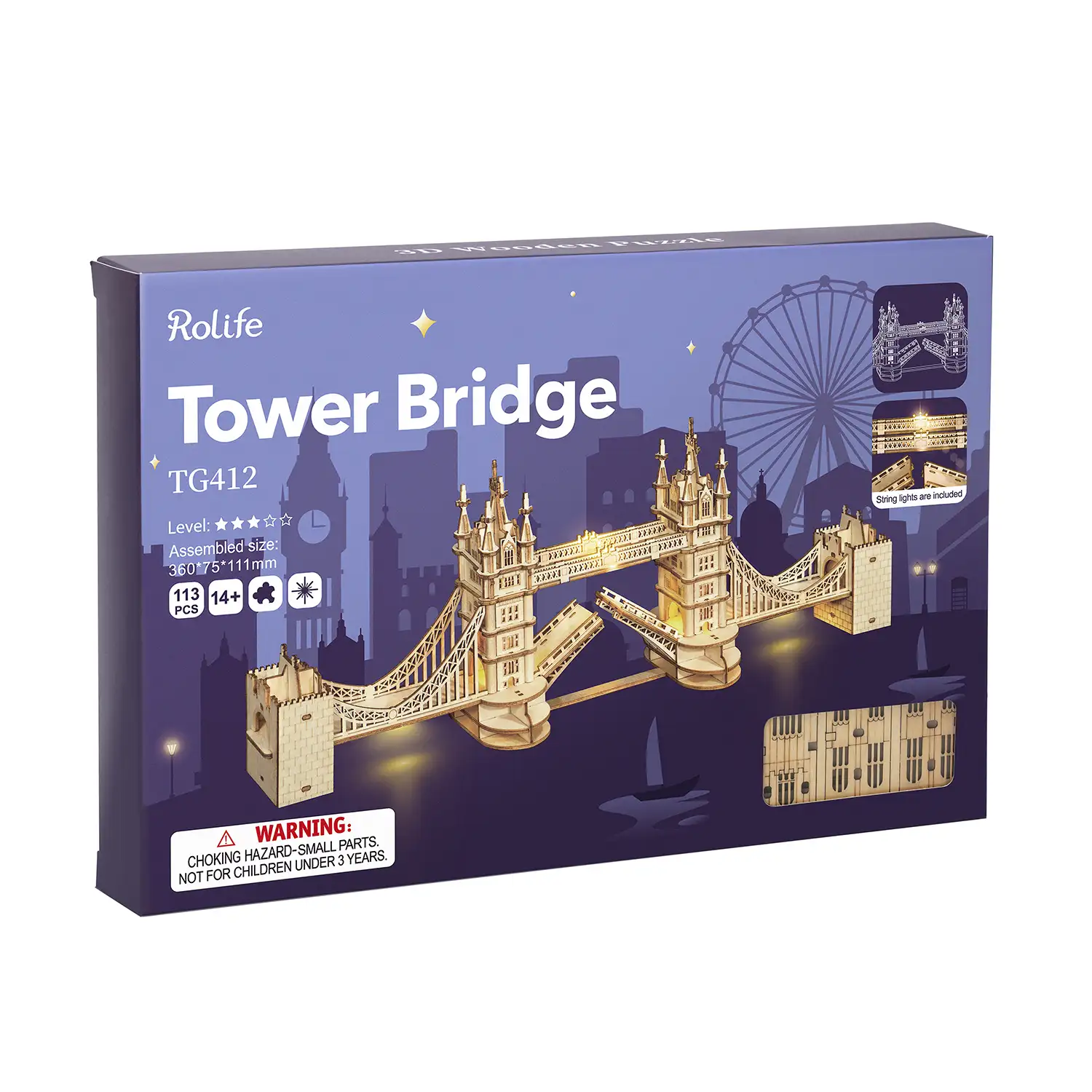 Tower Bridge. Maqueta 3D realista con gran detalle, 113 piezas. Con tiras de luz