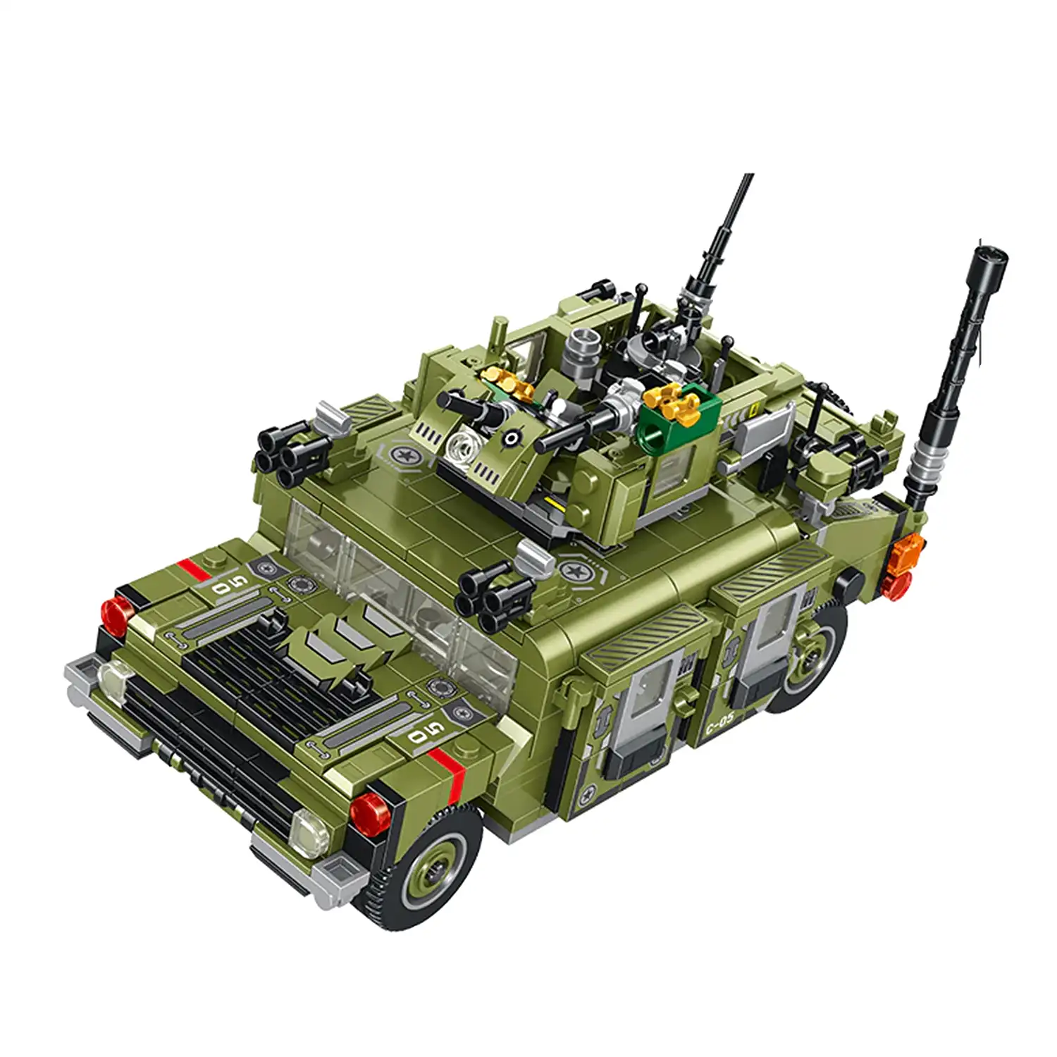Vehículo militar de combate 8 en 1, con 745 piezas. Construye 8 modelos individuales, con 3 formas cada uno.