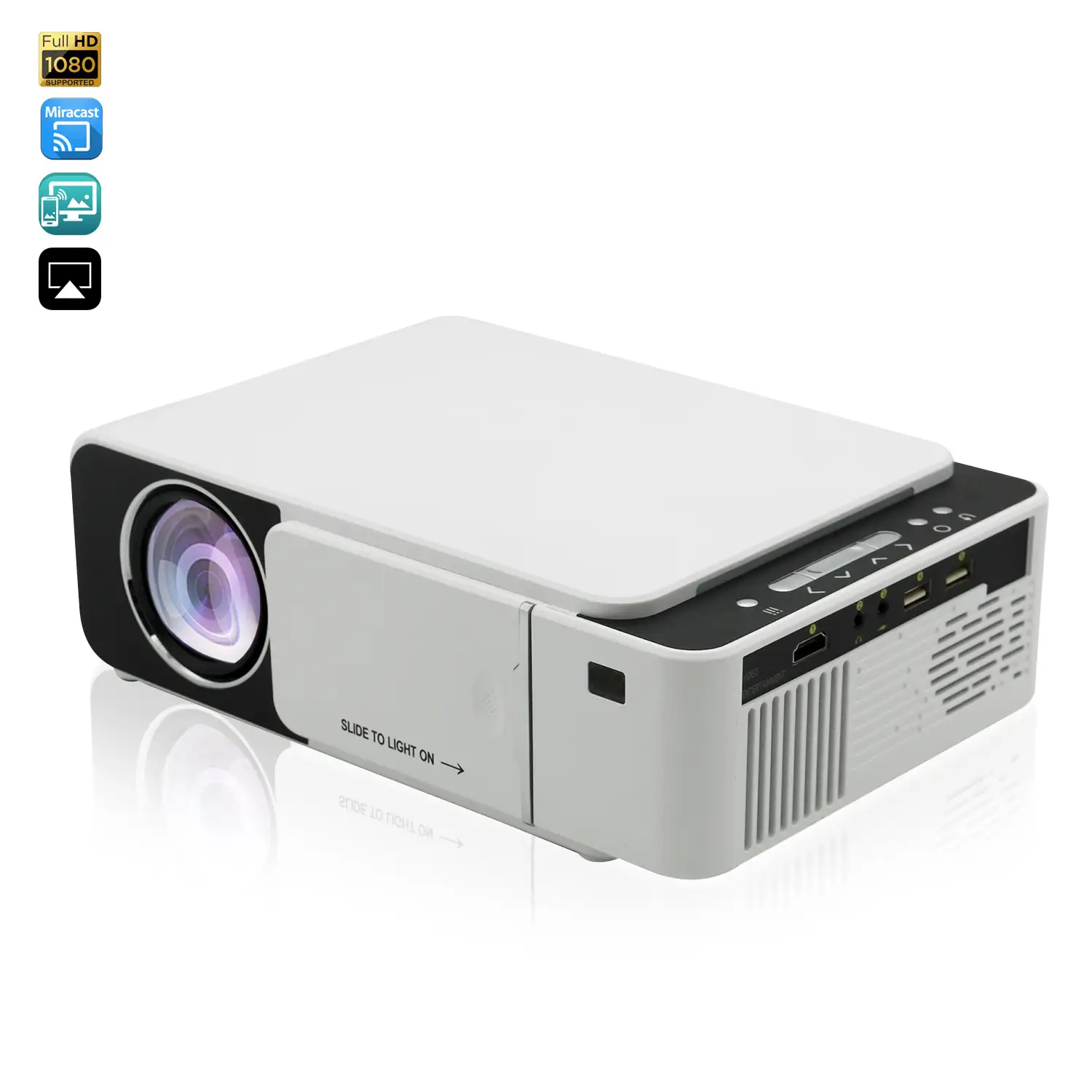 Video proyector LED T500 Wifi, con Airplay y Miracast. Soporta Full HD1080, 30 a 170 pulgadas, altavoz y mando.