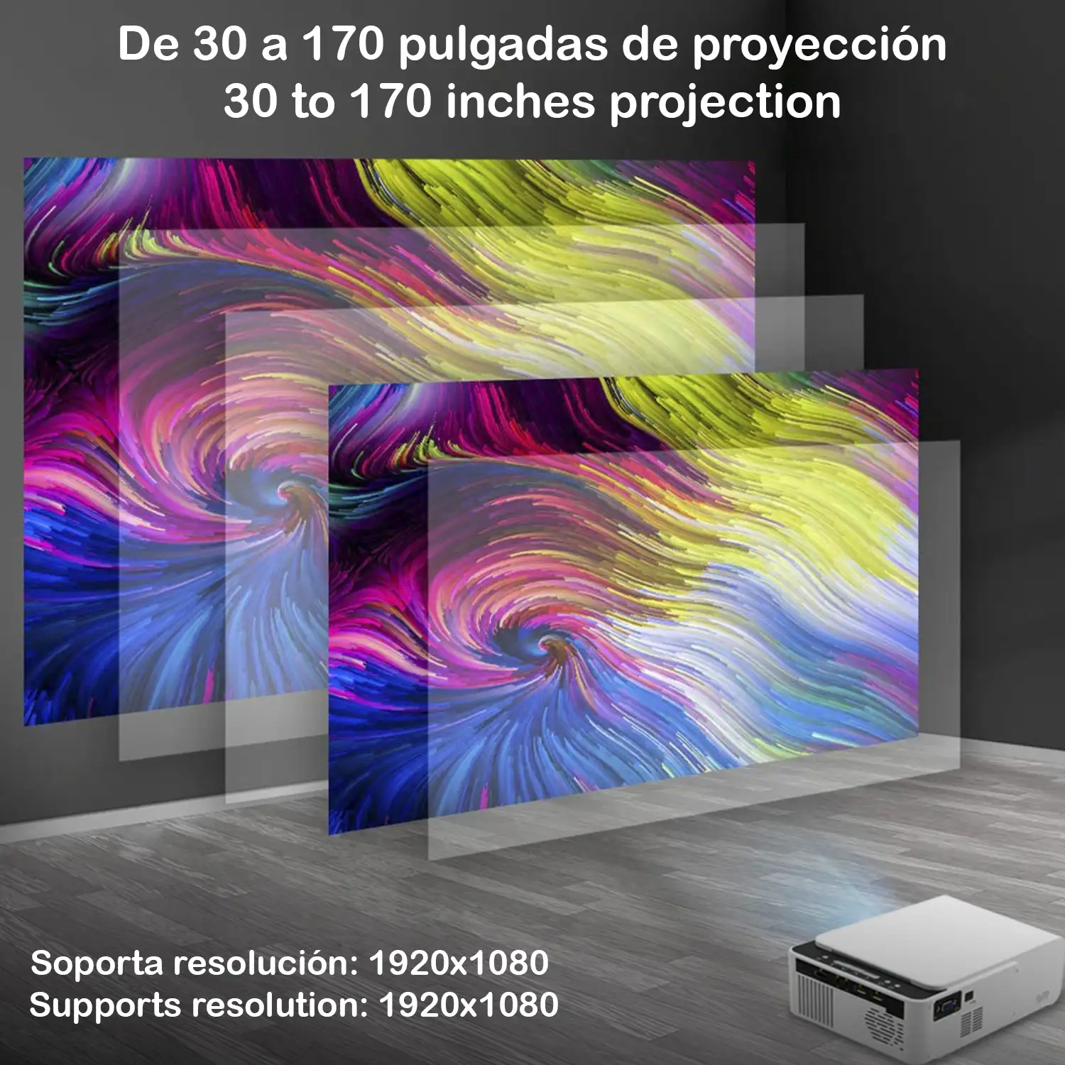 Video proyector LED T500 Wifi, con Airplay y Miracast. Soporta Full HD1080, 30 a 170 pulgadas, altavoz y mando.