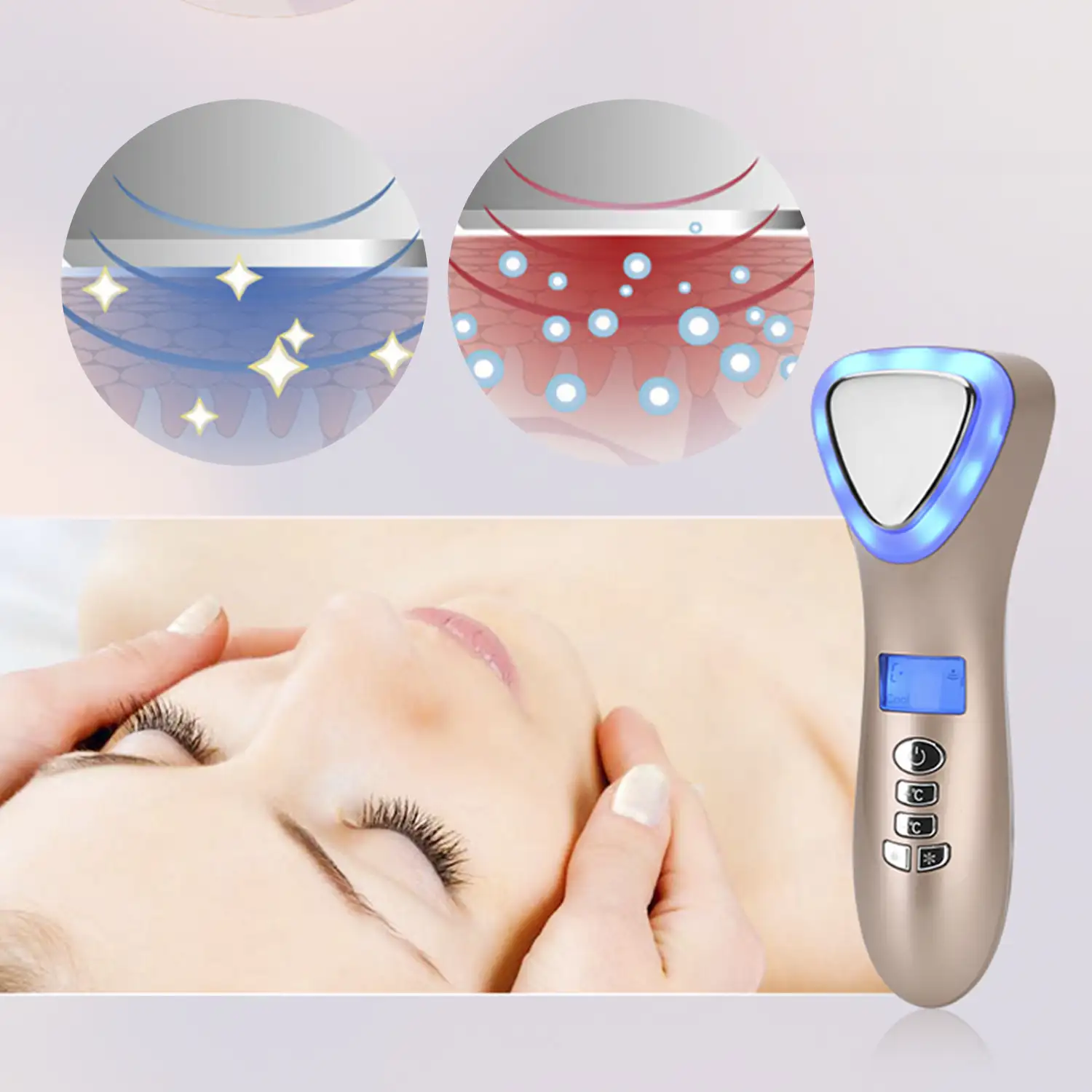 Masajeador ultrasónico con contraste frio calor y tratamiento de luz LED roja y azul. Belleza facial.