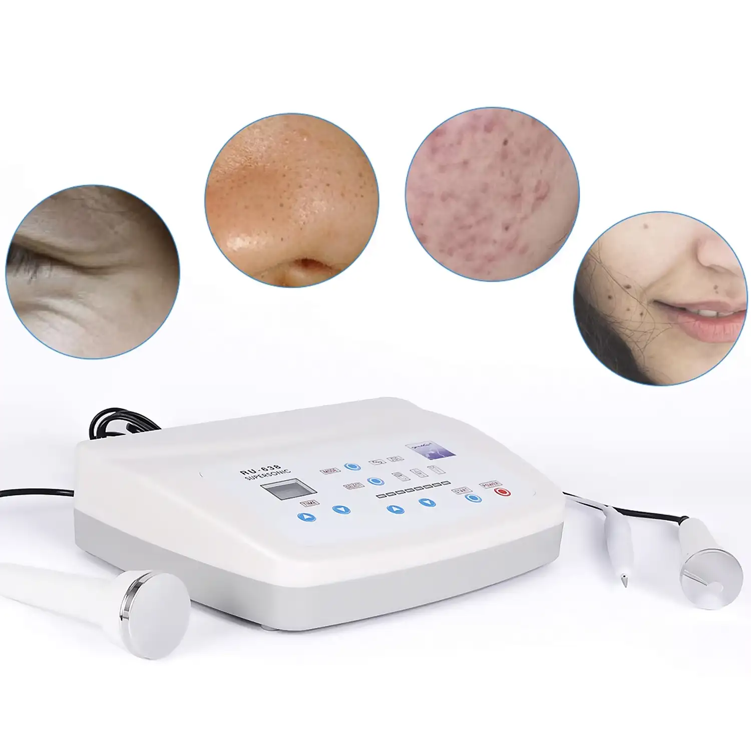 Instrumento de belleza ultrasónico 2 en 1. Instrumento de gestión de nevus ultrasónico y de eliminación de manchas en la cara. 3 cabezales de acción.