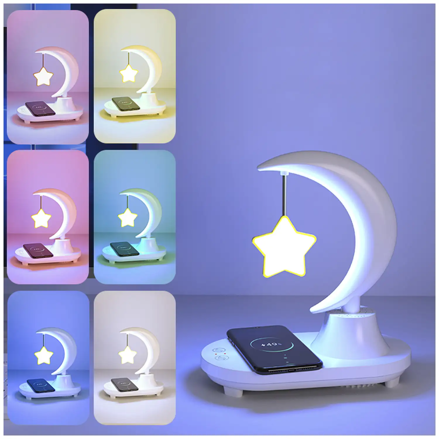 Lámpara LED multicolor forma Estrella, con cargador inalámbrico y altavoz Bluetooth.