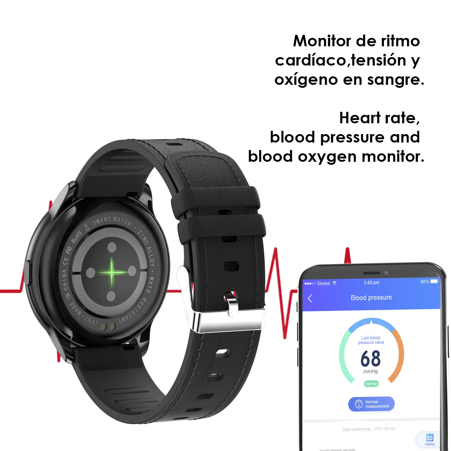Smartwatch Y90 con 8 modos deportivos, monitor de O2 y tensión. Notificaciones con mensaje en pantalla. Correa de piel.
