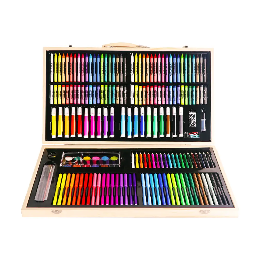 Set de bellas artes 180 piezas en maletín de madera. Incluye lápices, acuarelas, rotuladores, ceras y accesorios.