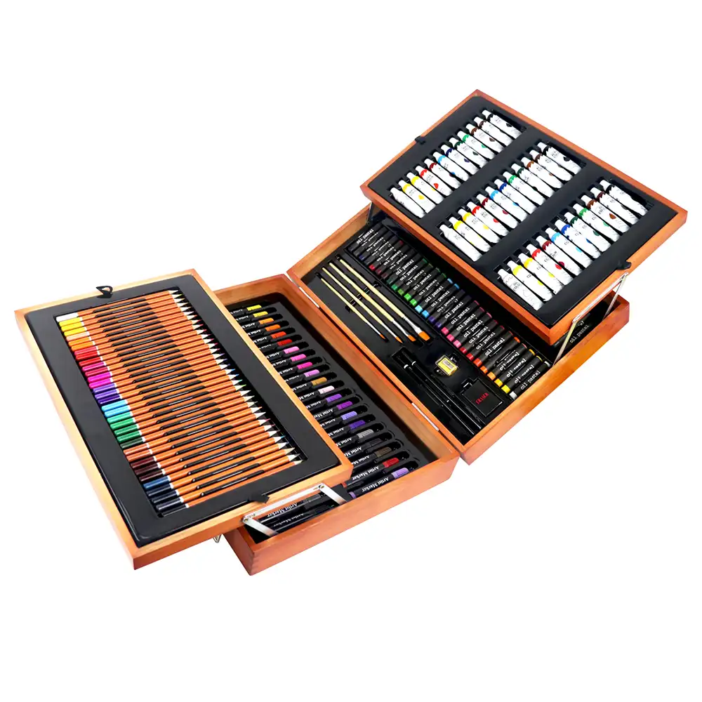 Set de bellas artes profesional 174 piezas en maletín de madera deluxe. Incluye lápices, tubos pintura acrílica,ceras ,rotuladores, pinceles  y accesorios.