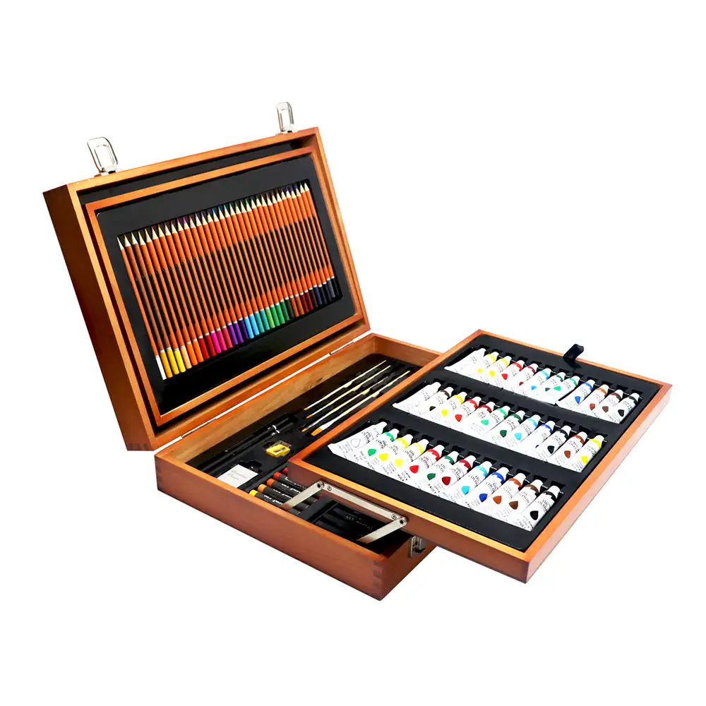 Set de bellas artes profesional 174 piezas en maletín de madera deluxe. Incluye lápices, tubos pintura acrílica,ceras ,rotuladores, pinceles  y accesorios.