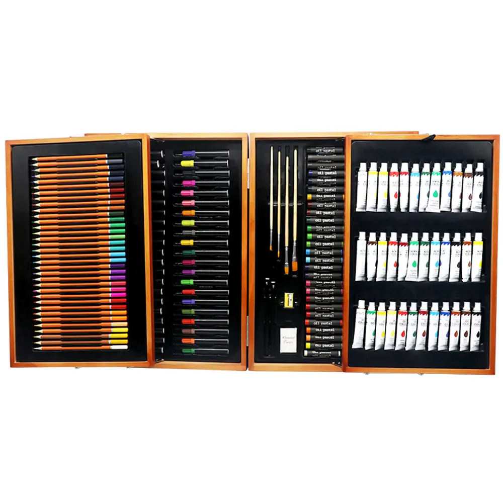 Set de bellas artes profesional 174 piezas en maletín de madera deluxe. Incluye lápices, tubos pintura acrílica,ceras ,rotuladores, pinceles  y accesorios.