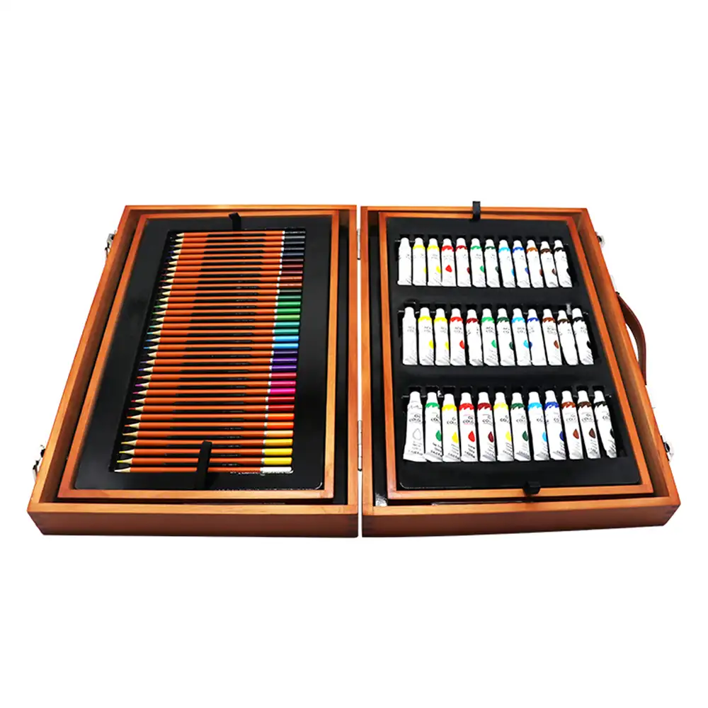 Set de bellas artes profesional 174 piezas en maletín de madera deluxe. Incluye lápices, tubos pintura acrílica,ceras ,rotuladores, pinceles  y accesorios.
