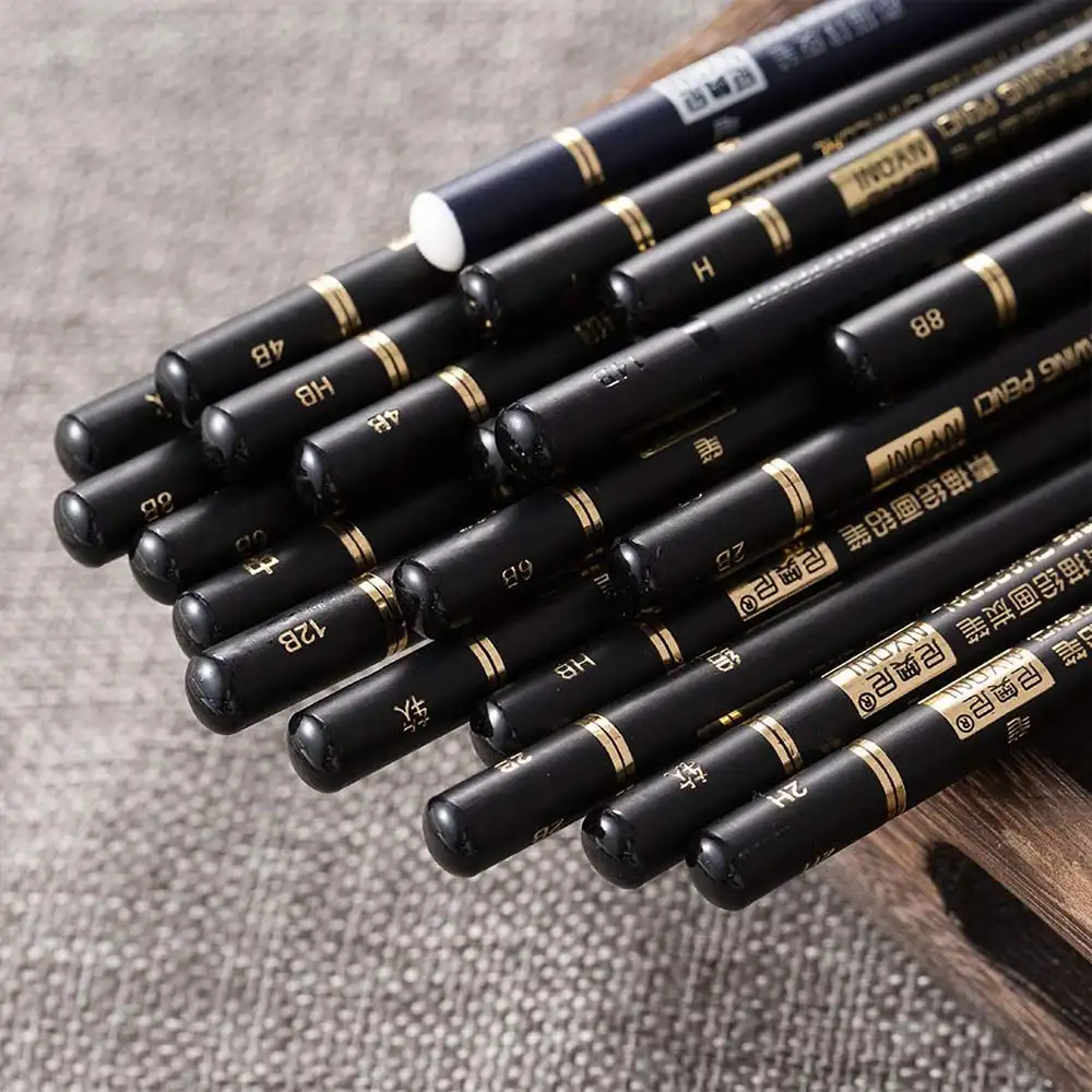 Set Profesional de 29 piezas para diseños profesionales. Se compone de 14 lápices de esbozo de diferentes grosores y durezas (H-14B), 6 lapices de  carbón  y herramientas de dibujo profesional.