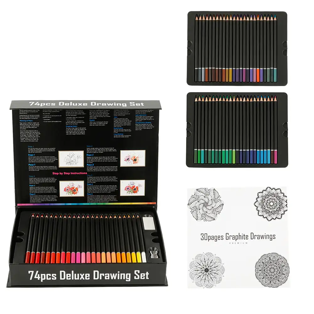 Set 74 lapices de colores DELUXE DRAWING con plantilla de dibujo y borrador.