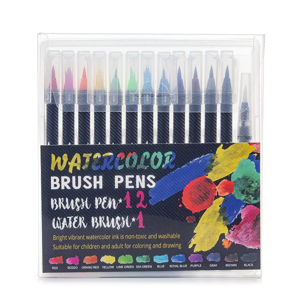 Set de 12+1 Rotuladores con punta de pincel acuarelables con pincel mezclador de agua. Pinceles premium  de nylon flexible para Manga, dibujos y caligrafía.