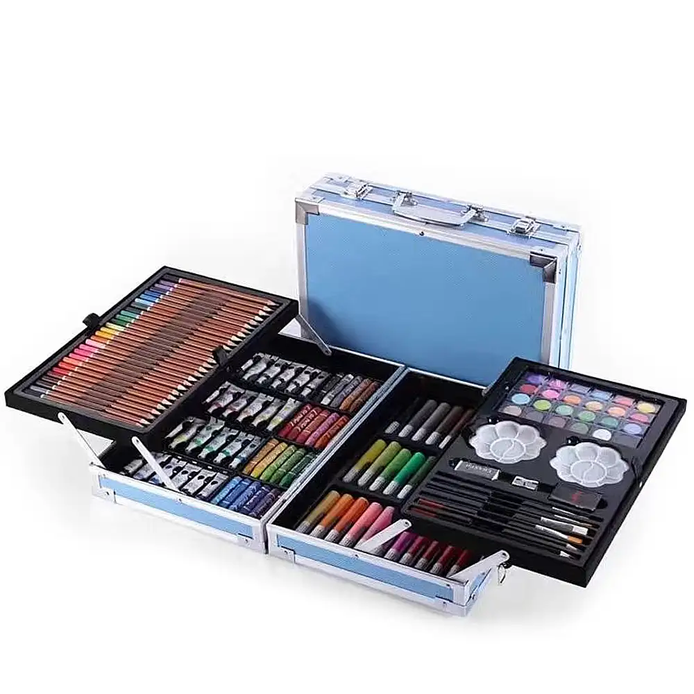 Set completo de pintura y dibujo 145 piezas oleo,acuarelas, ceras,rotuladores, pastel y lapices con accesorios. Meletín de aluminio premium desplegable en bandejas.