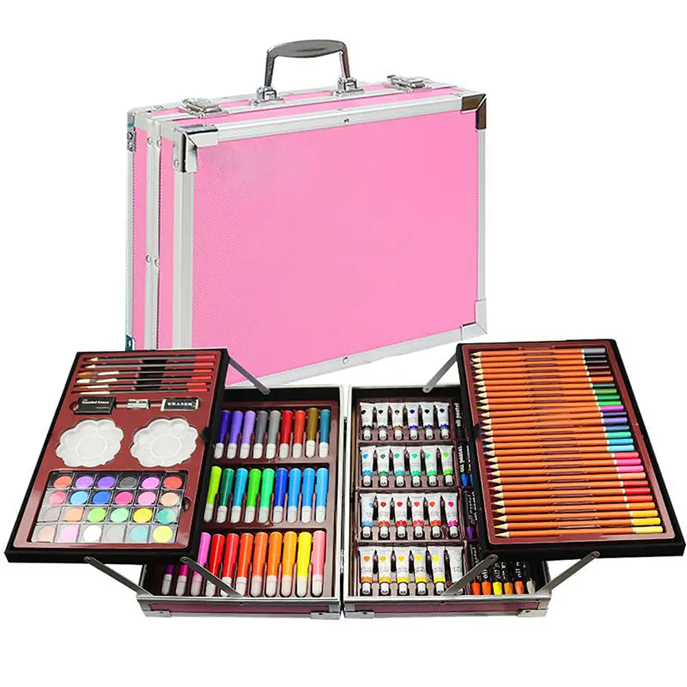 Set completo de pintura y dibujo 145 piezas oleo,acuarelas, ceras,rotuladores, pastel y lapices con accesorios. Meletín de aluminio premium desplegable en bandejas.