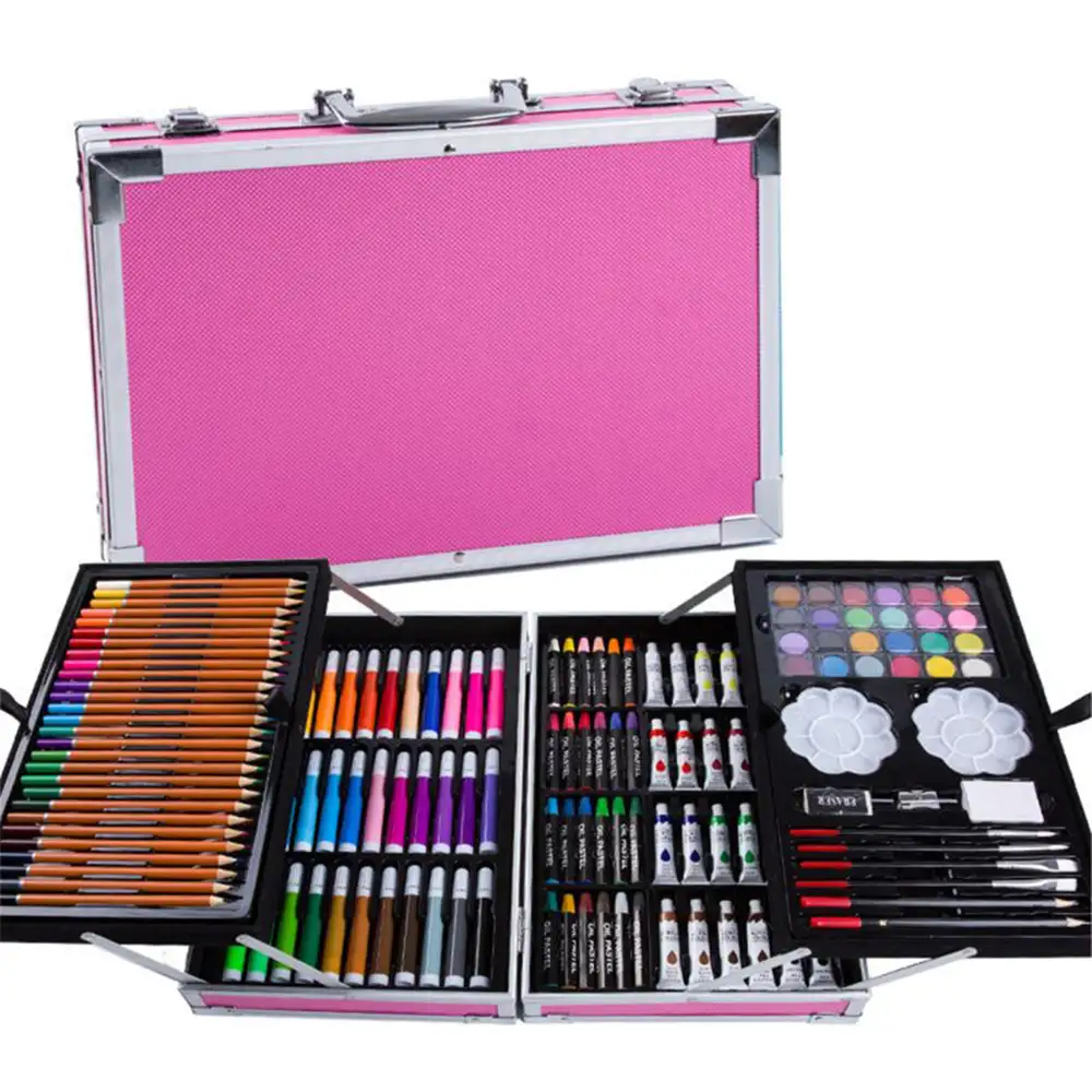 Set completo de pintura y dibujo 145 piezas oleo,acuarelas, ceras,rotuladores, pastel y lapices con accesorios. Meletín de aluminio premium desplegable en bandejas.